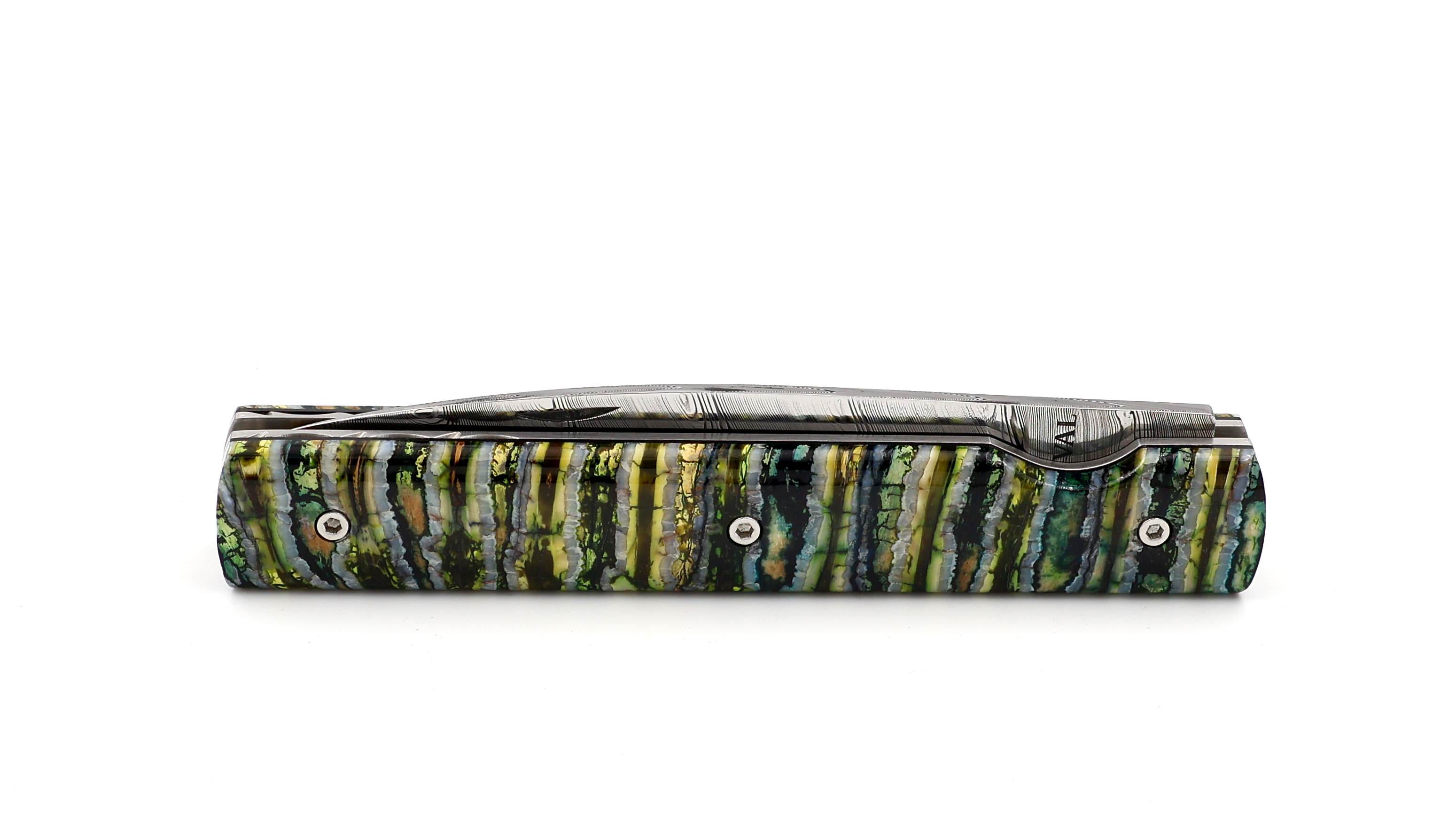 PERCEVAL Le Francais green Mammoth tusk with guillochage damascus blade