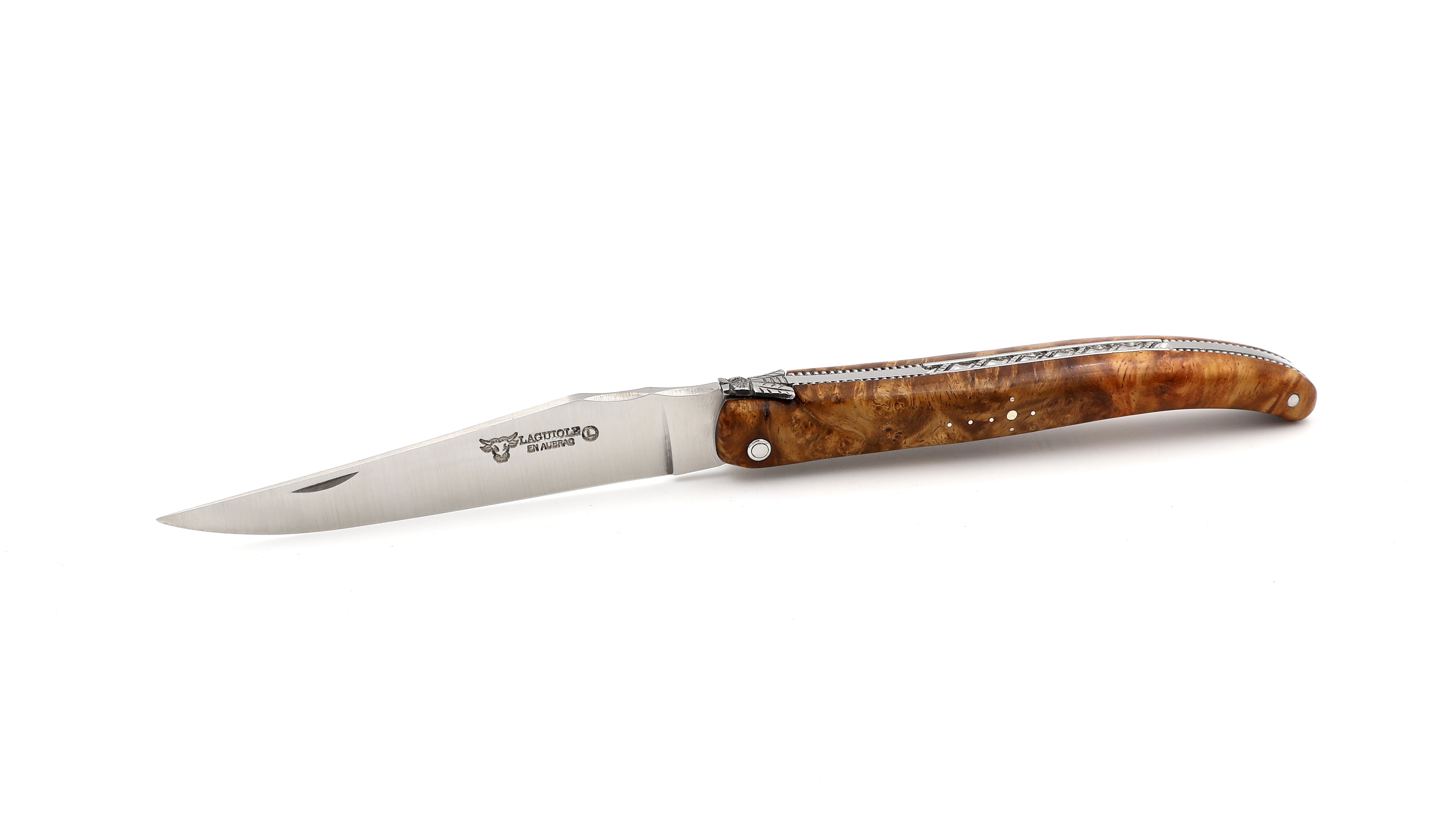 Laguiole en Aubrac Meisterstück Perle Gold Amboina Wurzelholz guillochiert massiver Griff 12 cm