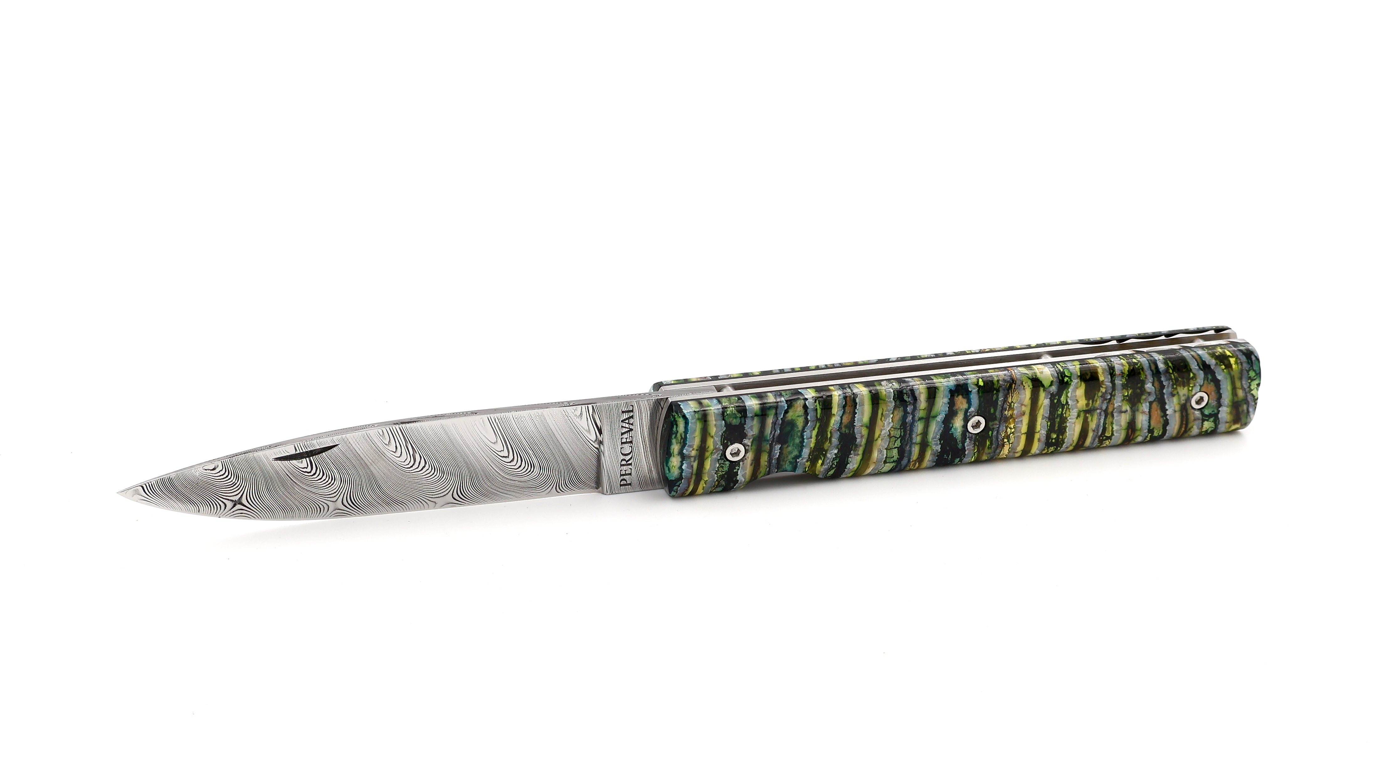 PERCEVAL Le Francais green Mammoth tusk with guillochage damascus blade