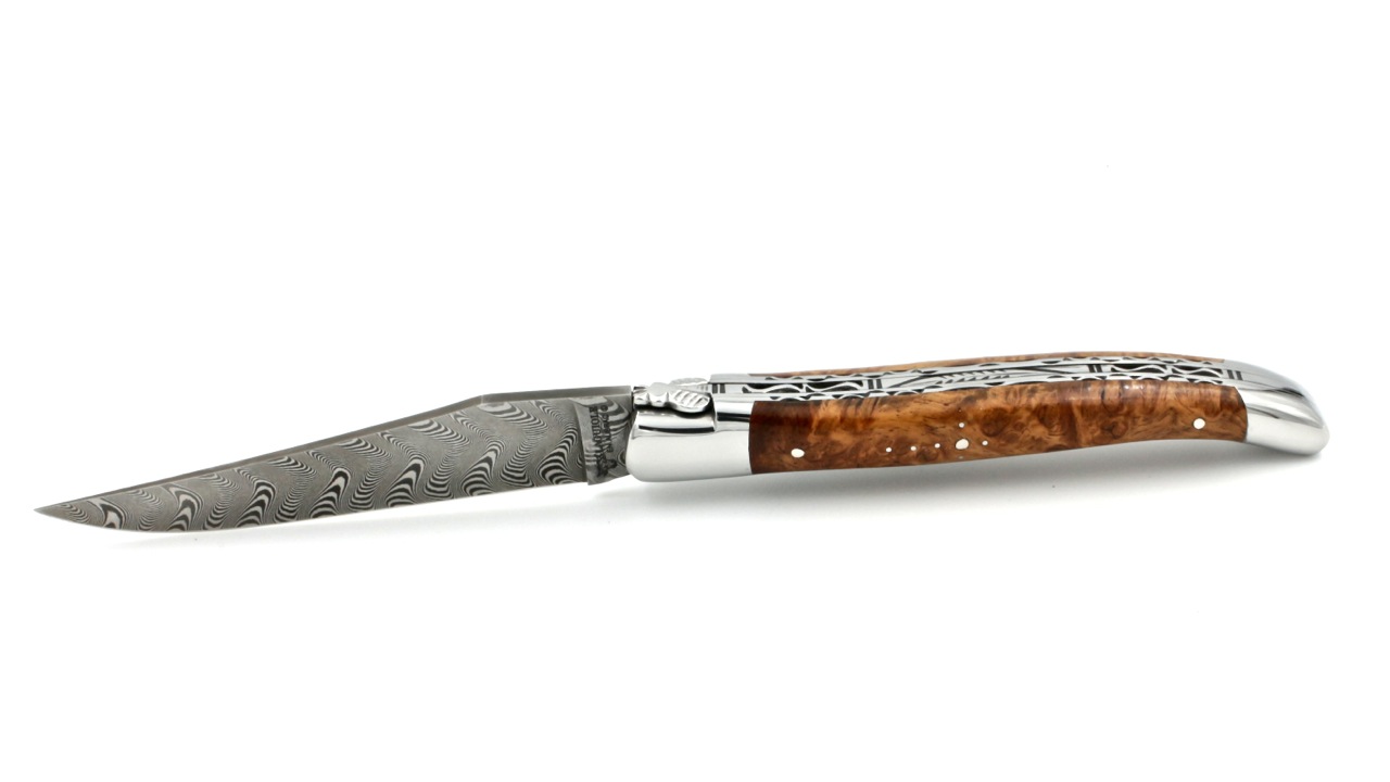 Laguiole en Aubrac  DSC® Carbon Damast Amboina poliert Doppelplatine 12 cm