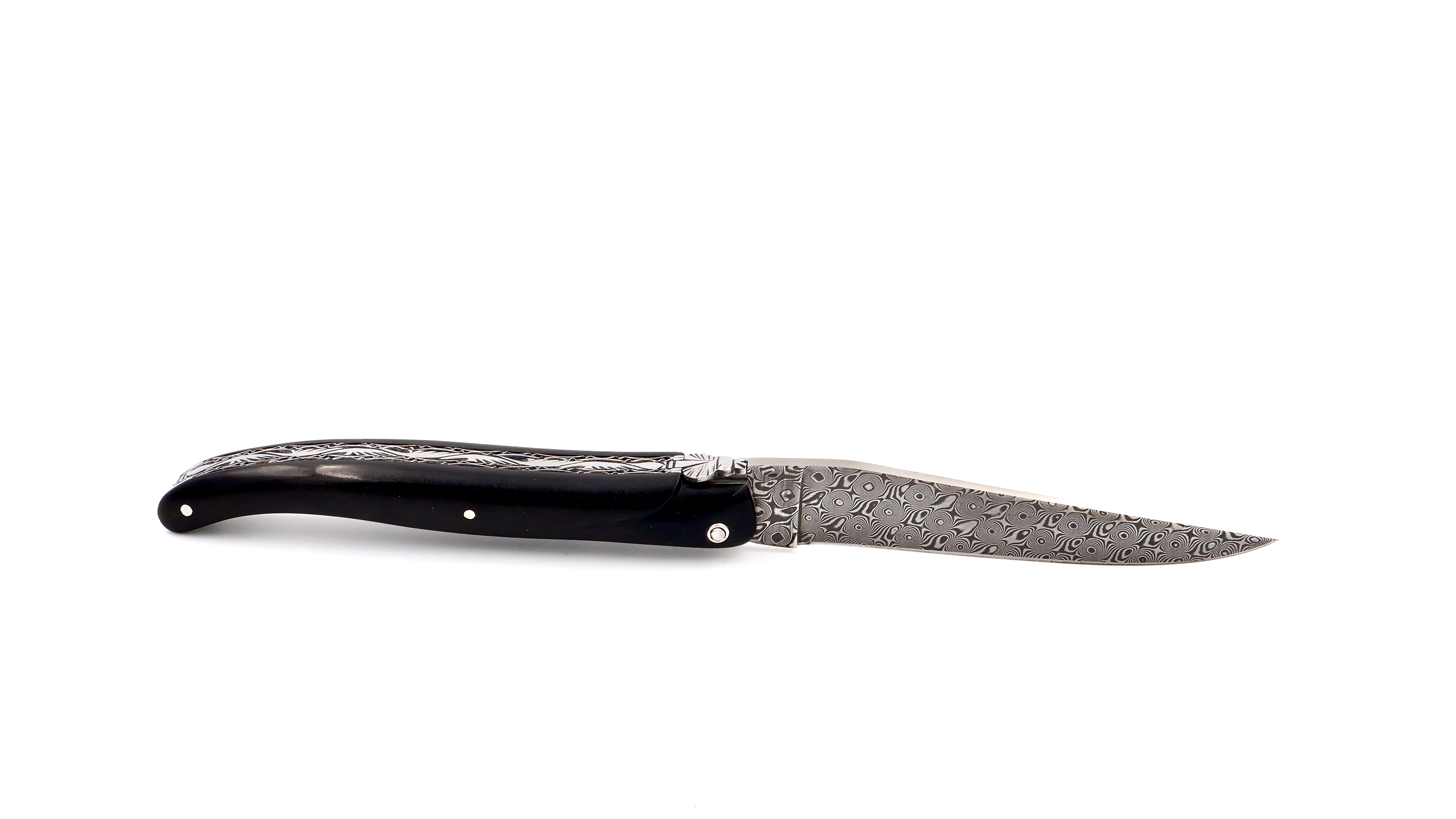 Laguiole en Aubrac damascus ebony full handle with double plates 12 cm shiny