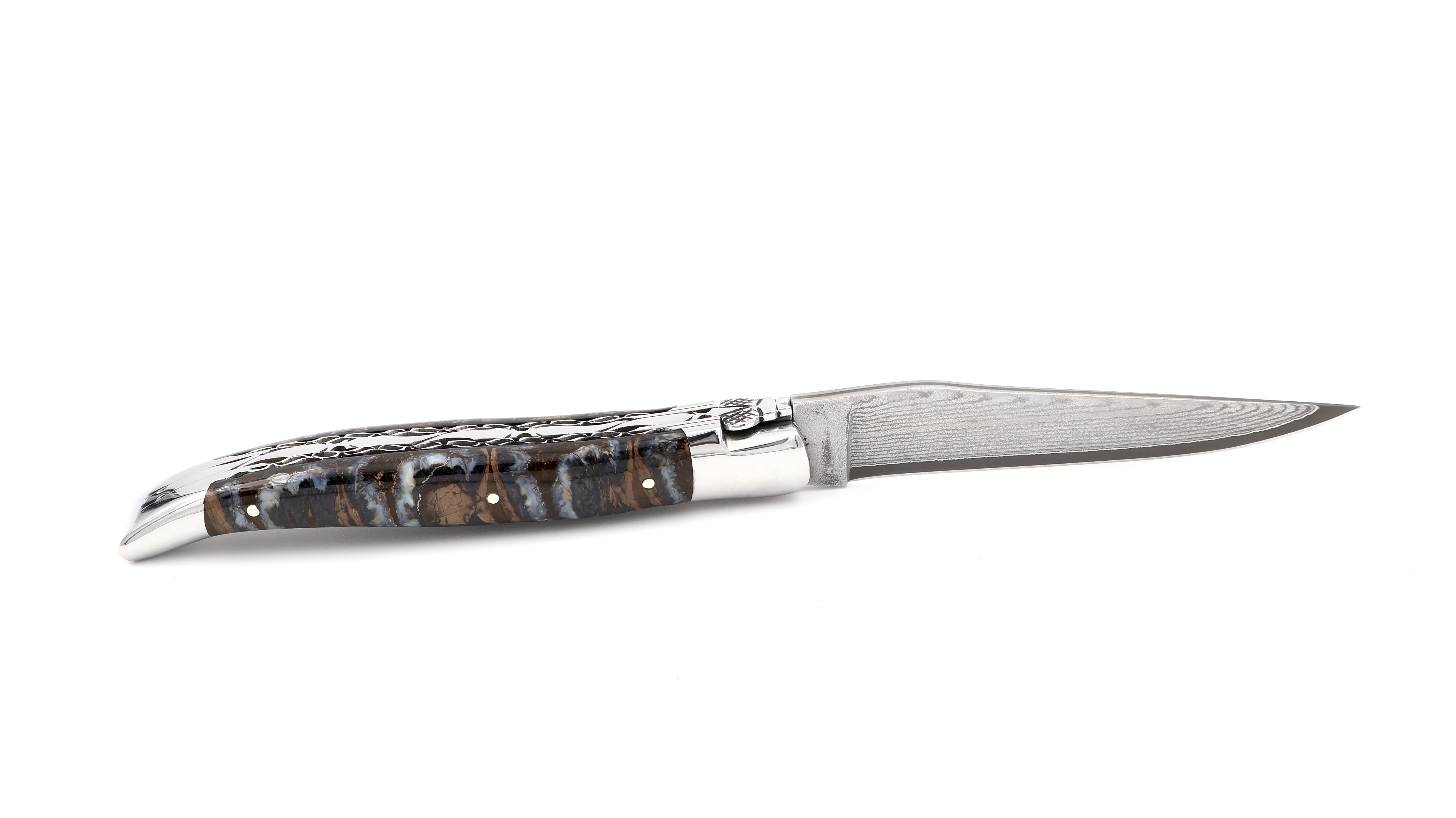 Laguiole en Aubrac jap. Damastklinge Mammutbackenzahn braun Doppelplatine 12 cm 