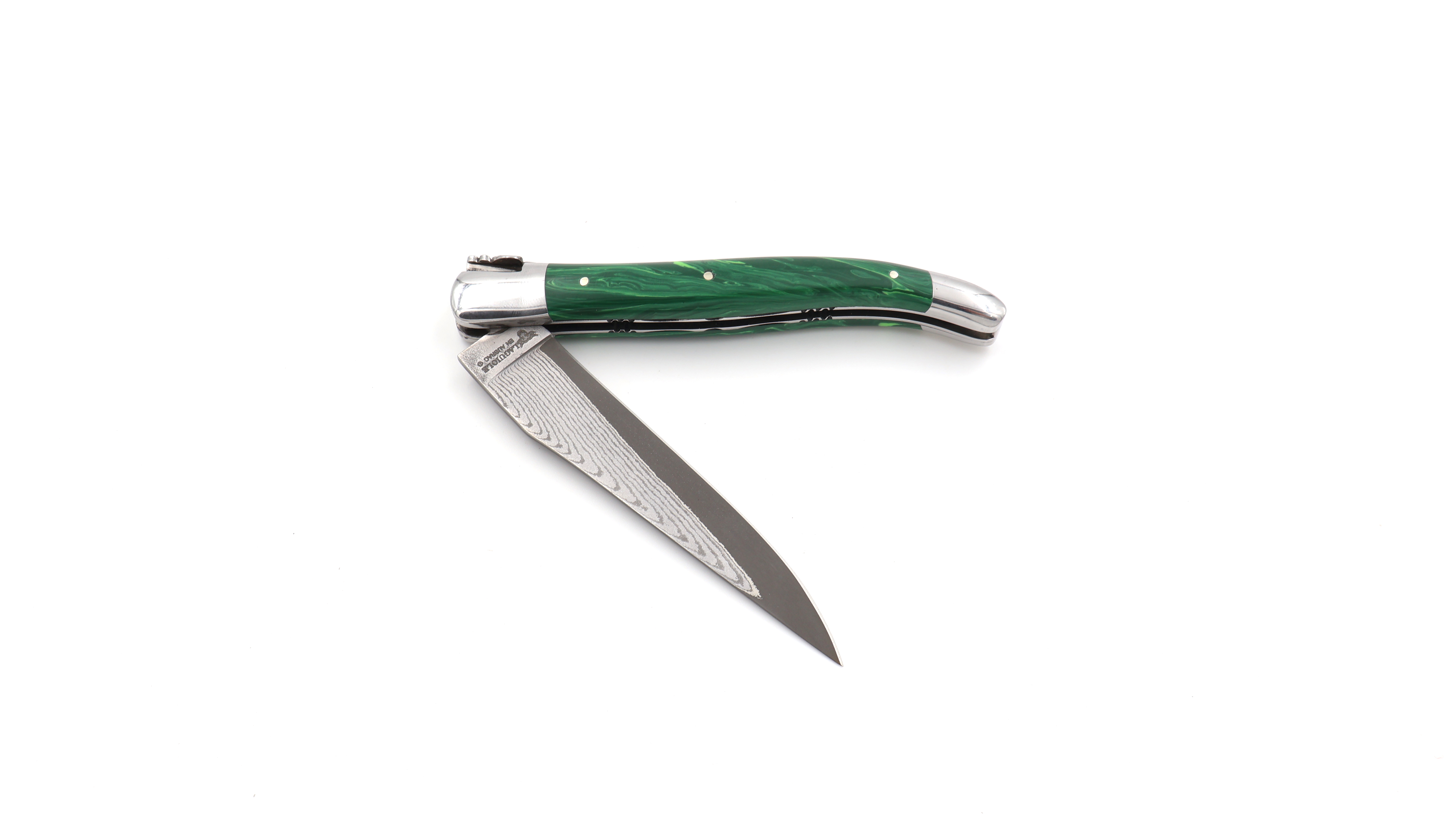 Laguiole en Aubrac knife jap. damascus Malachit with chiseled plates 12 cm Laguiole en Aubrac knife jap. damascus Malachit with chiseled plates 12 cm