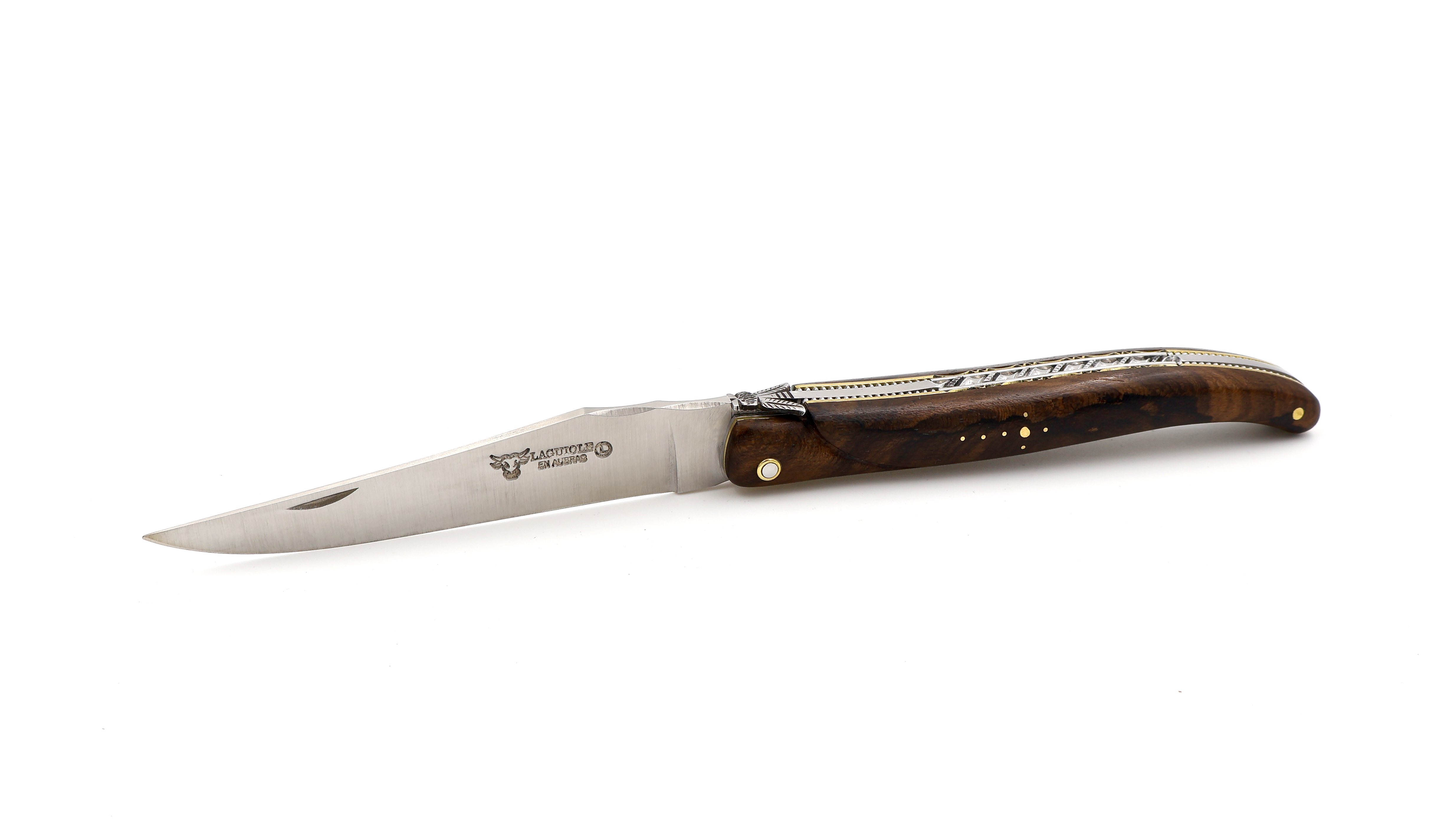 Laguiole en Aubrac "Pearl" full handle doubel plates bi-color walnut burlwood 12 cm