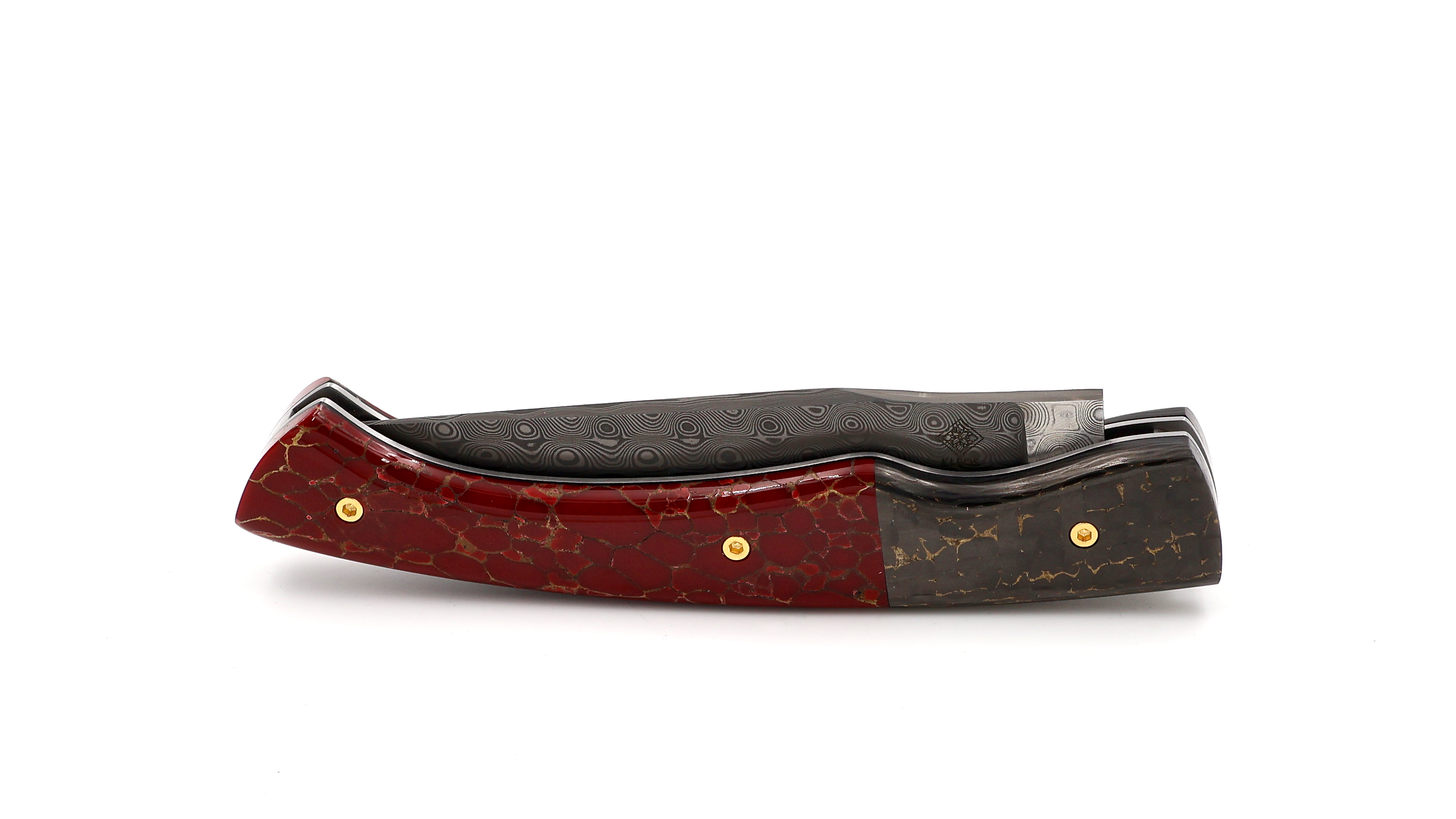 KLEOS folding knife LYKOS FAT Carbon and red stone rose damascus