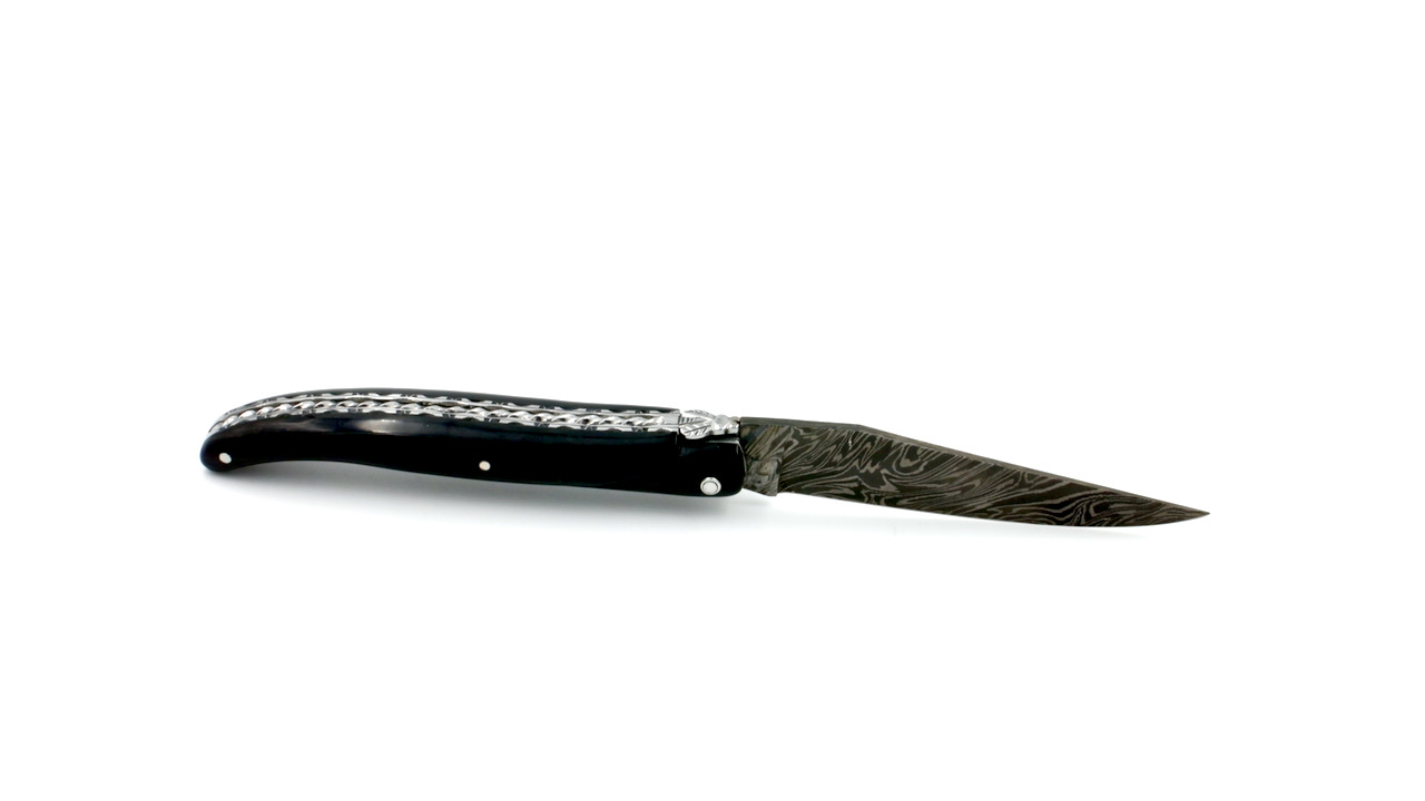 Laguiole en Aubrac Explosionsdamast Spiralfeder Büffelhorn massiv Doppelplatine 12 cm