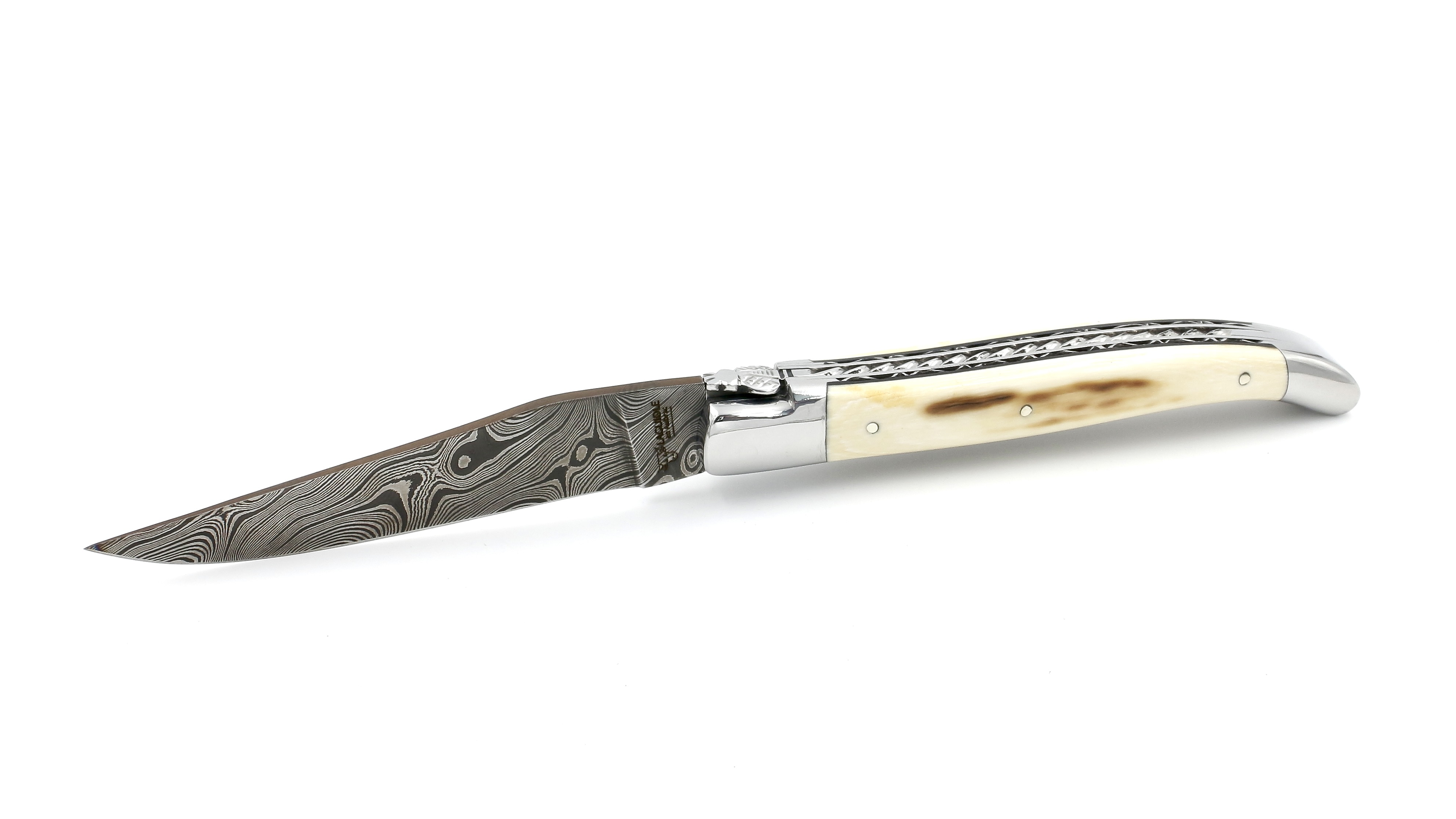 Laguiole en Aubrac twisted Damast Mammutelfenbein Kruste Doppelplatinen mit Spiralfeder 12 cm