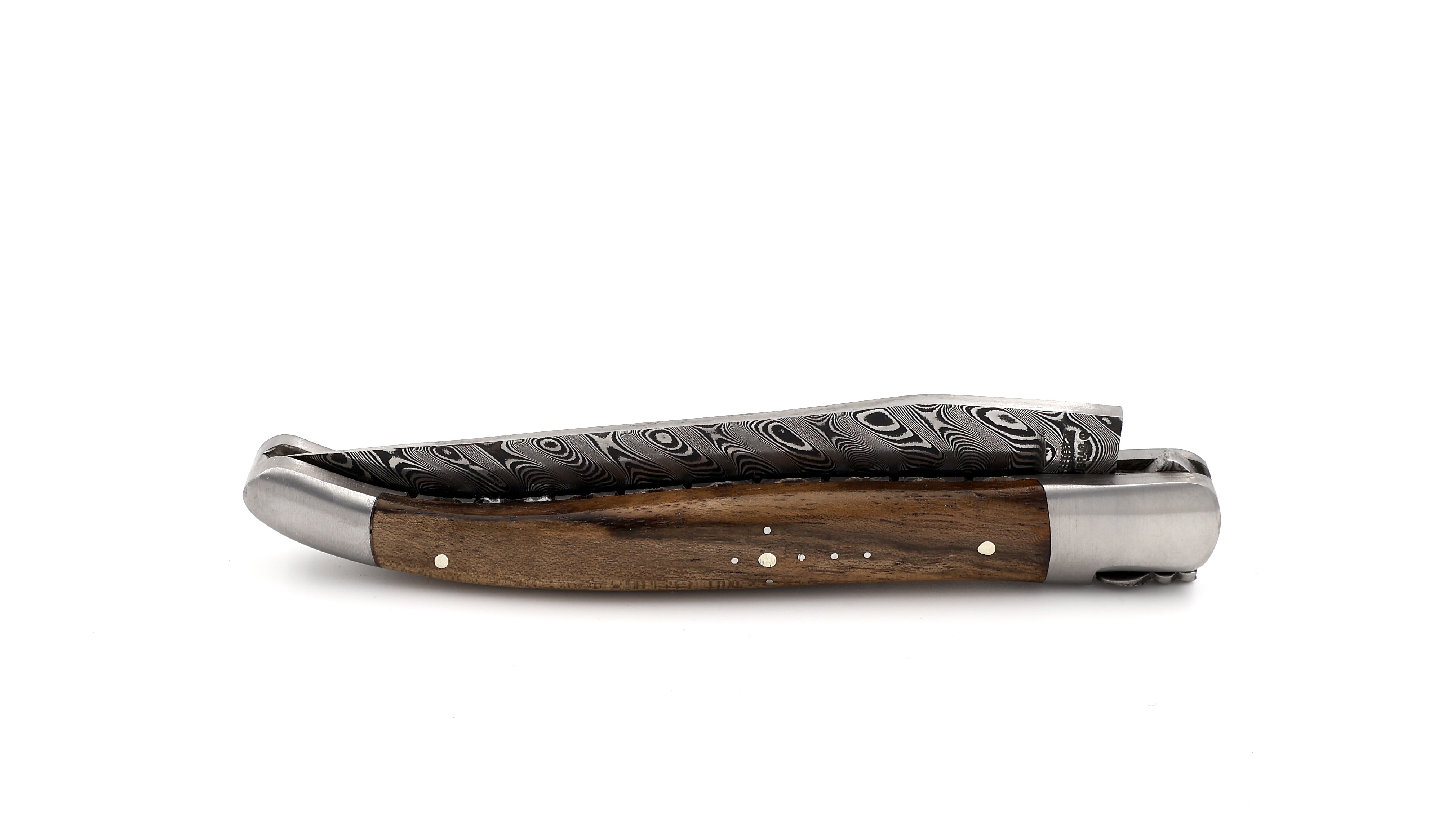 Laguiole en Aubrac damascus walnut with chiseled plates 12 cm