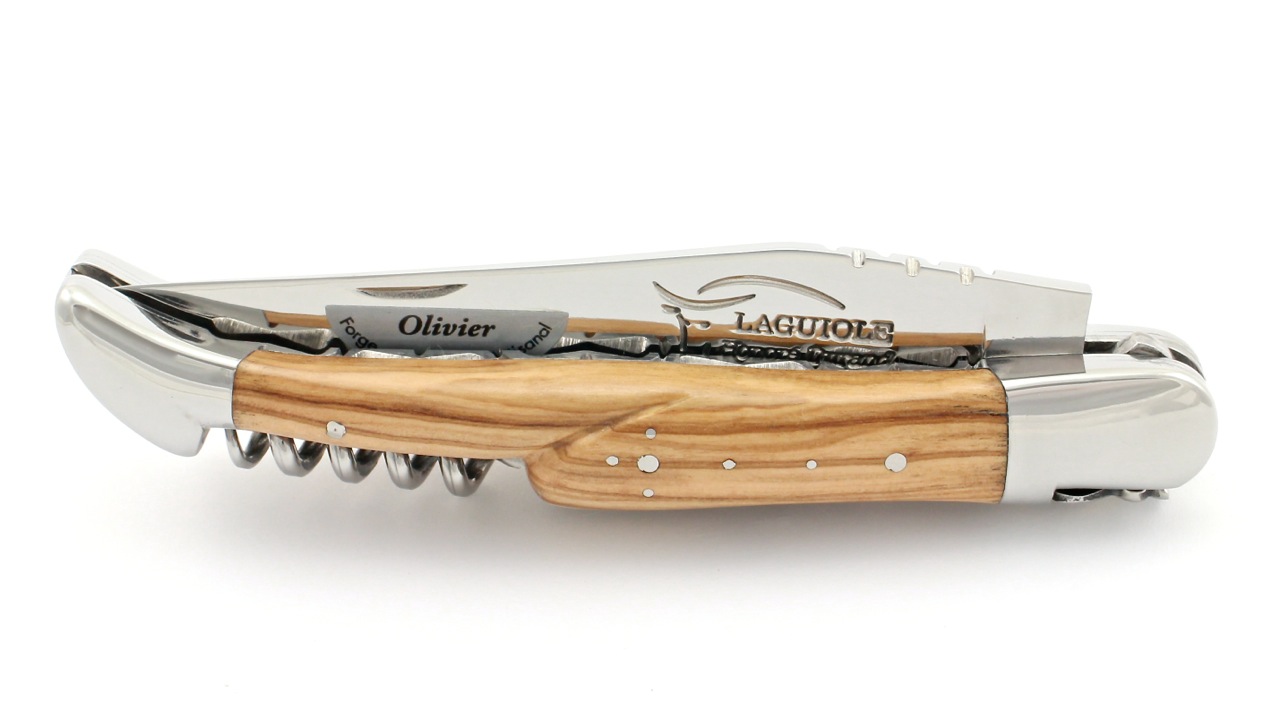Honoré Durand Laguiole knife Prestige doubleplates with corkscrew Olive wood shiny 14C28 12 cm