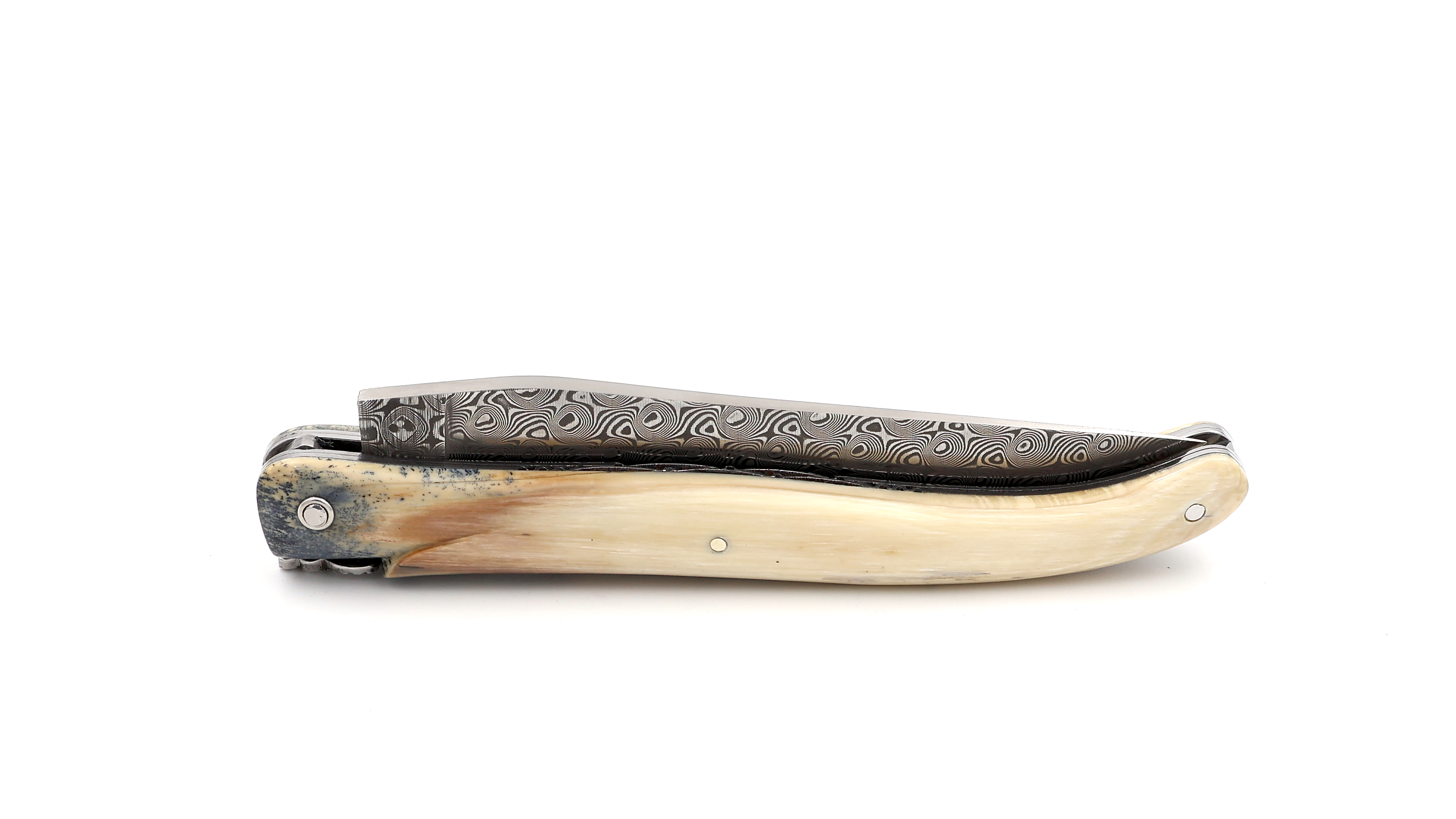 Laguiole en Aubrac double plates knife DSC® Rose Damascus full handle Mammoth ivory crust 12 cm
