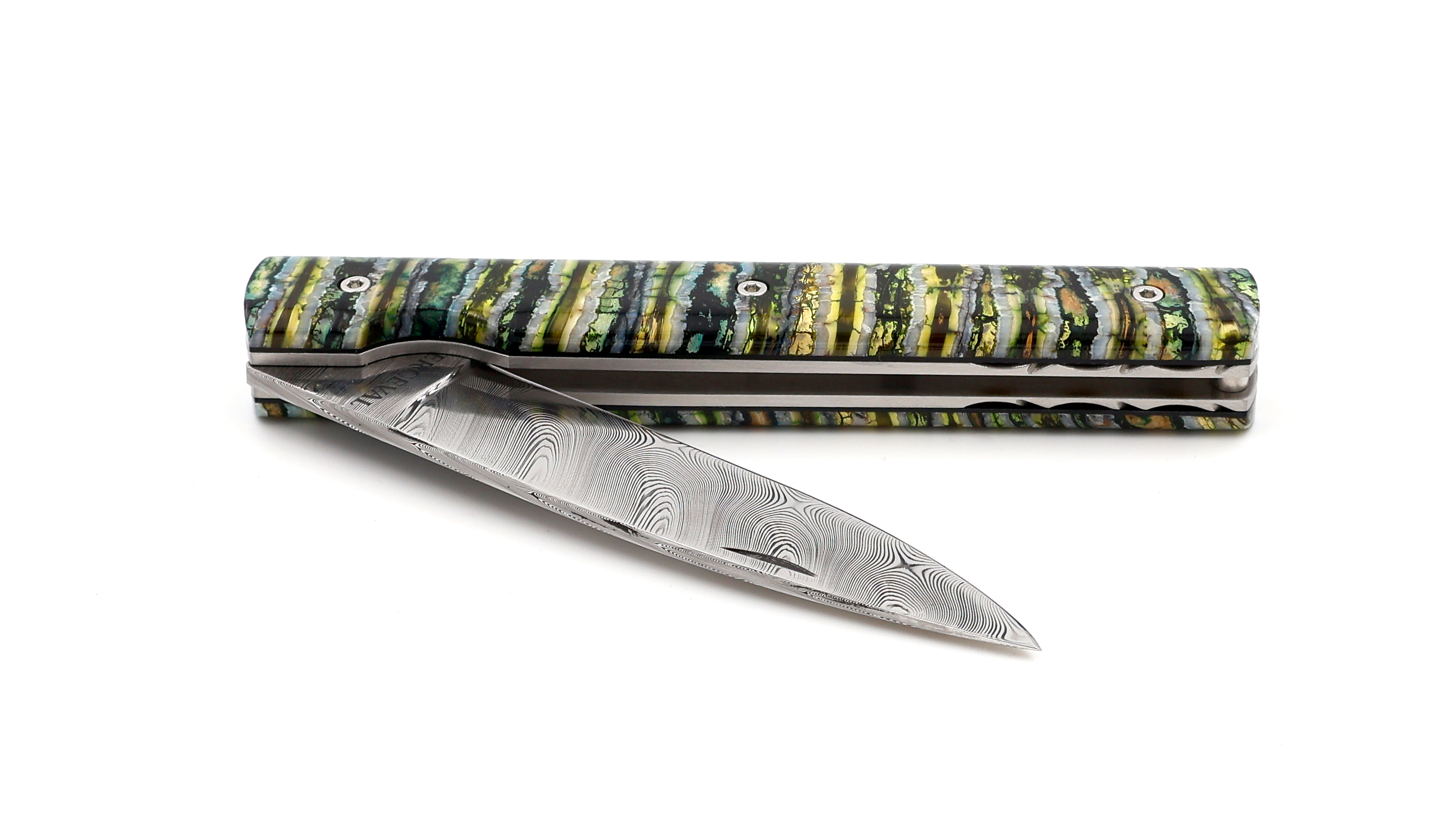 PERCEVAL Le Francais green Mammoth tusk with guillochage damascus blade