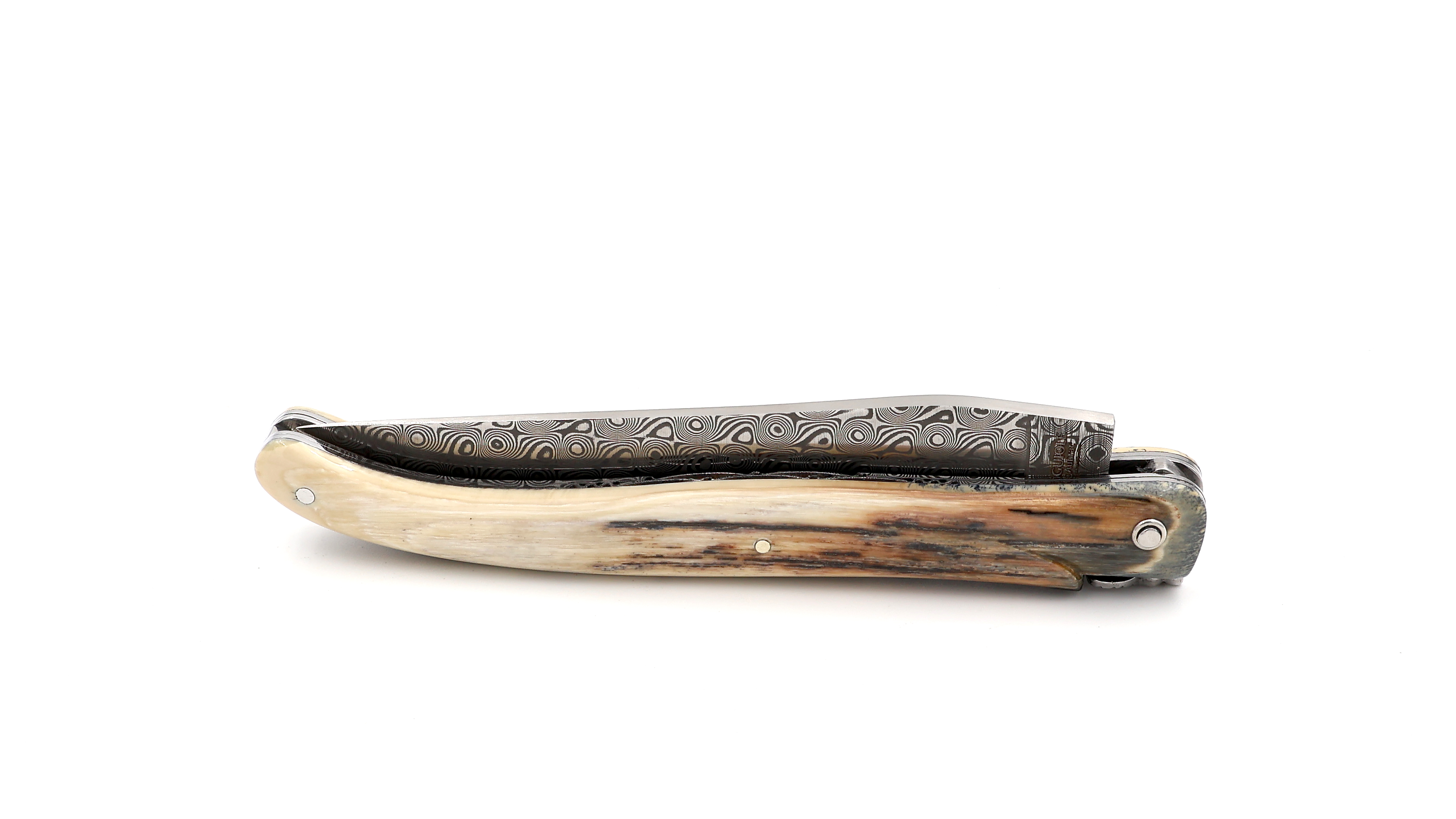 Laguiole en Aubrac double plates knife DSC® Rose Damascus full handle Mammoth ivory crust 12 cm