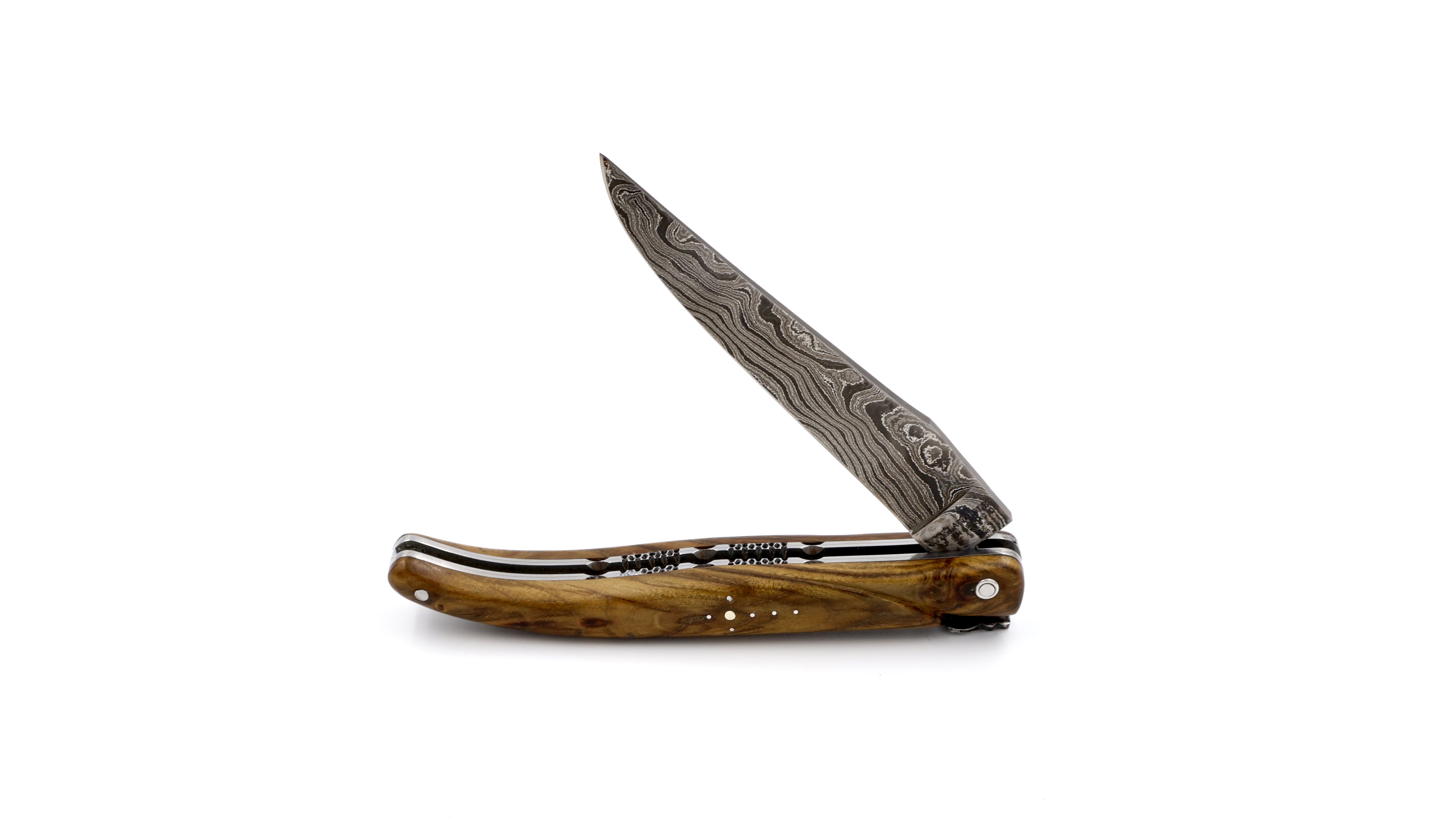 Laguiole en Aubrac double plates knife full handle Pistazio wood 12 cm damascus shiny