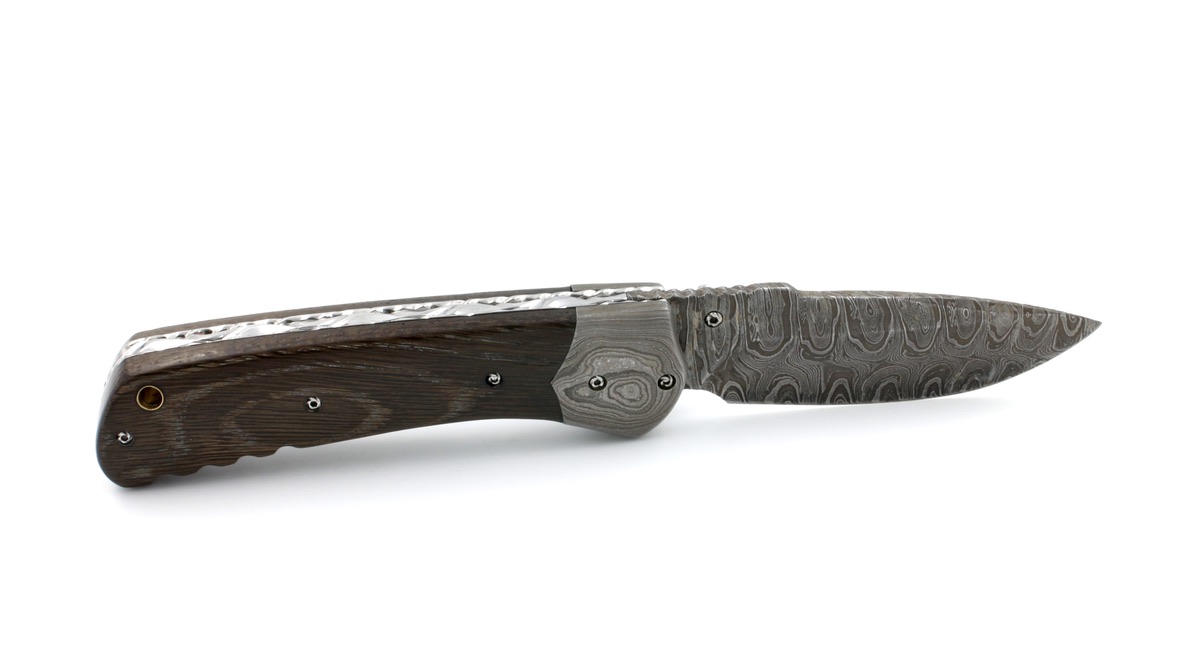 Olivier Moretti  Linerlock Taschenmesser Mooreiche Damastklinge 