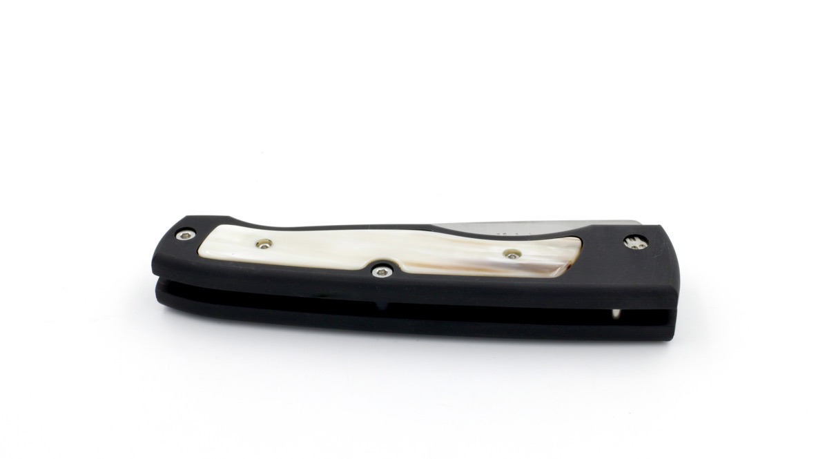 Saladini knife bushcraft pocket knife anidized aluminium and horntip inlay
