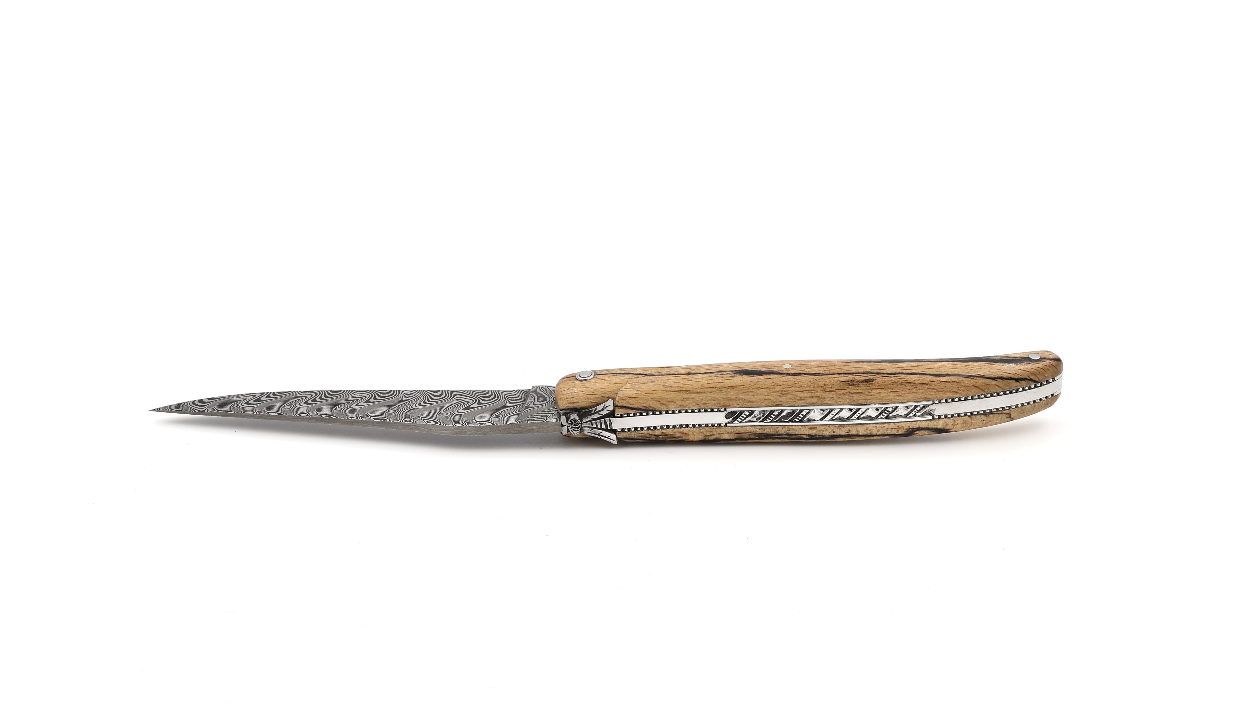 Laguiole en Aubrac Modell Perle DSC® Carbon Damast Aubrac Holz guillochiert massiver Griff 12 cm