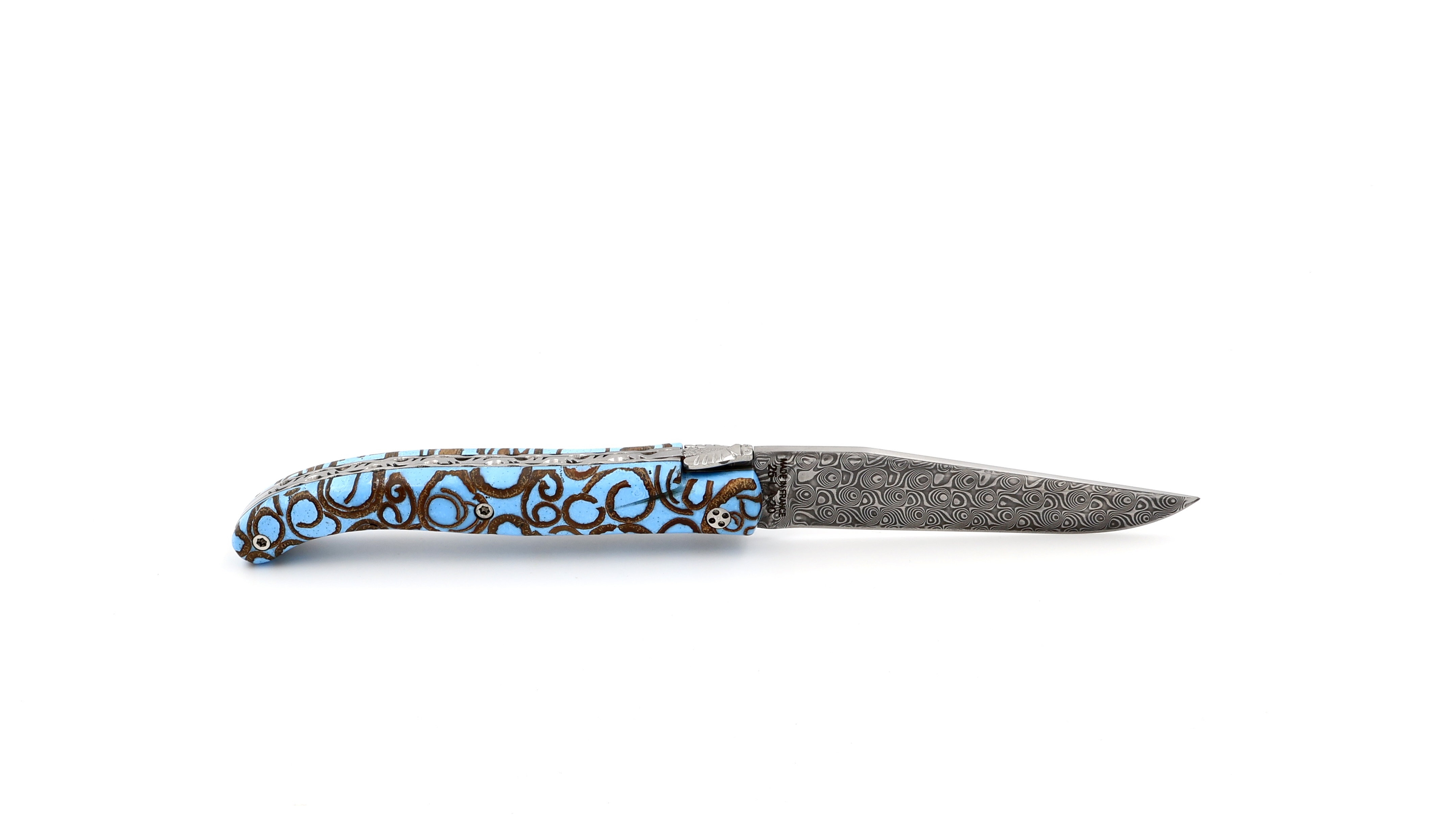 Claude DOZORME Laguiole Messer L'ATELIER Canella hellblau 12 cm Damastklinge   Claude DOZORME Laguiole Messer L'ATELIER Canella hellblau 12 cm Damastklinge