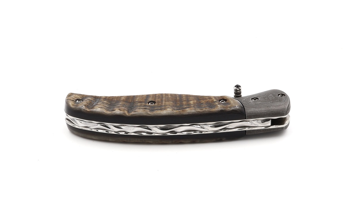 Olivier Moretti  Linerlock Taschenmesser Widderhorn Damastklinge  