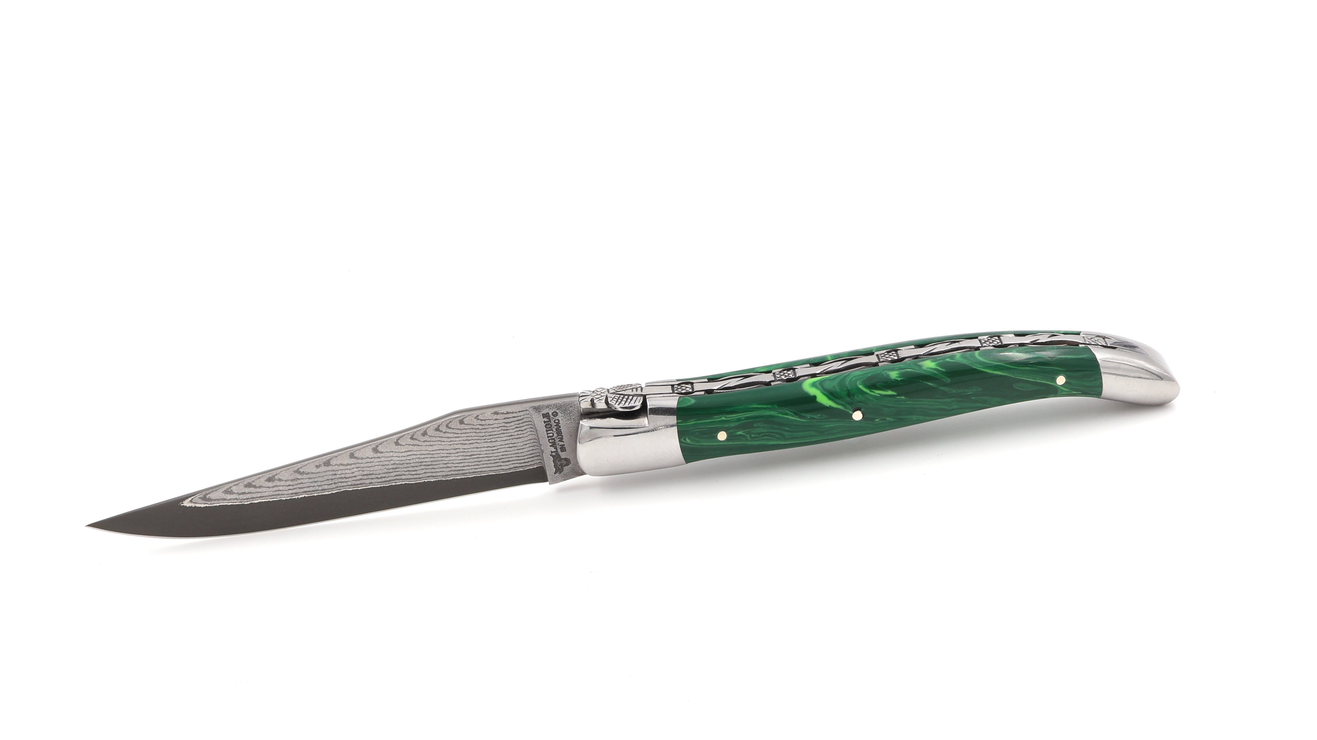 Laguiole en Aubrac knife jap. damascus Malachit with chiseled plates 12 cm Laguiole en Aubrac knife jap. damascus Malachit with chiseled plates 12 cm