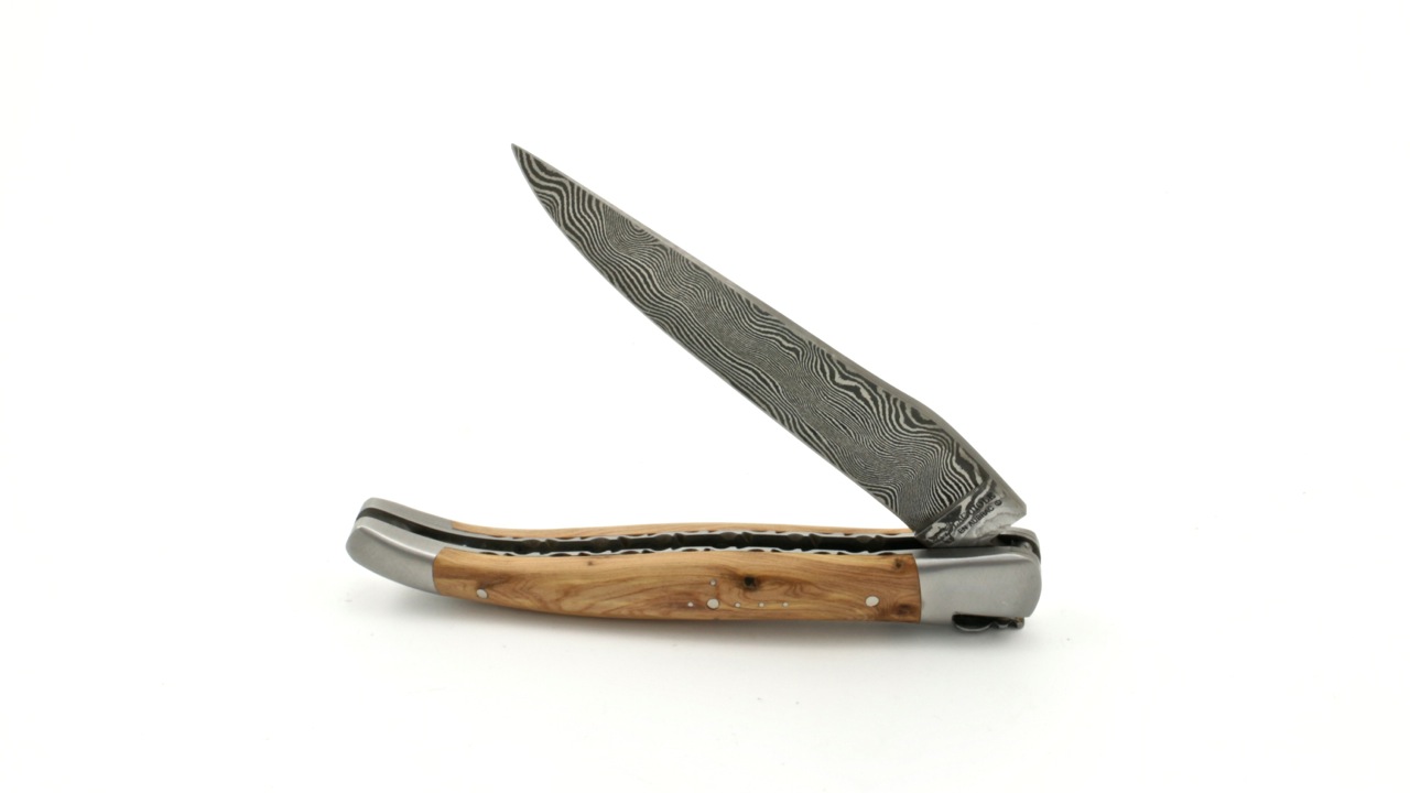 Laguiole en Aubrac  DSC® Carbon Damast Wacholder matt guillochierte Platine 12 cm