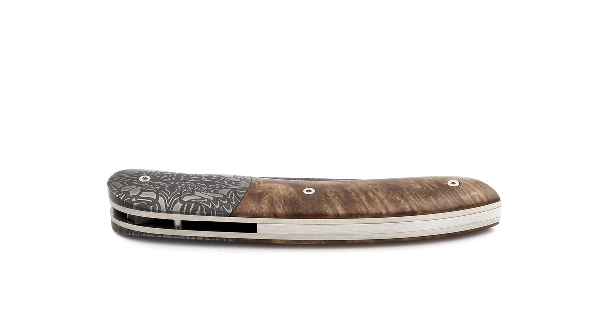 Benjamin Hée Liner-Lock knife walnut burl wood Achim Wirtz damascus 12 cm 