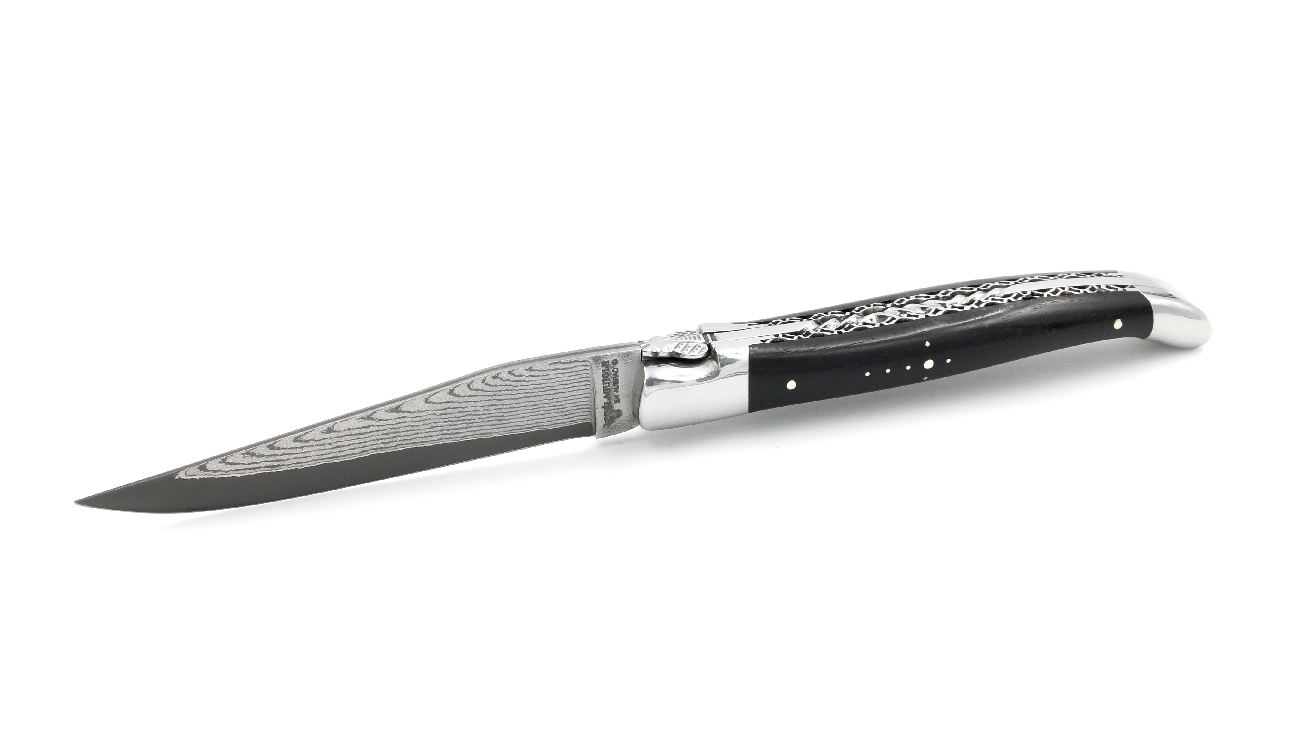 Laguiole en Aubrac jap. Damastklinge Ebenholz poliert Doppelplatine 12 cm 