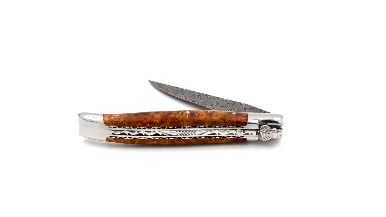 Laguiole en Aubrac damascus amboina burlwood shiny with double plates 12 cm
