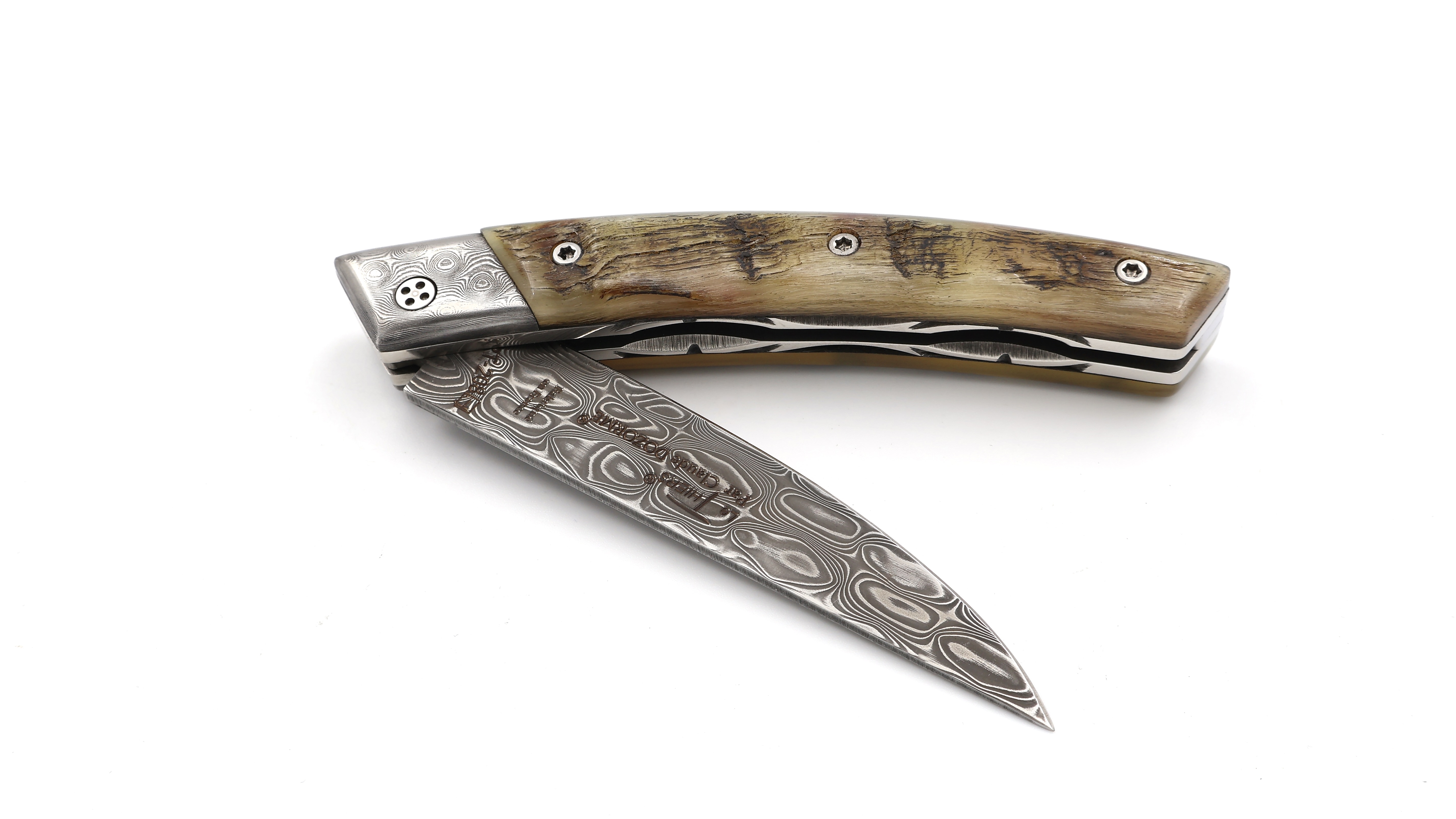 Claude DOZORME Thiers RLT ram horn damascus blade and bolsters Claude DOZORME Thiers RLT ram horn damascus blade and bolsters