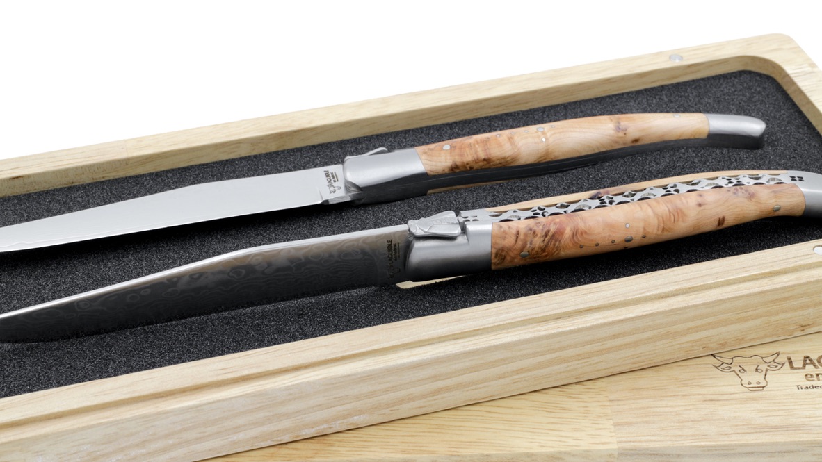 Laguiole en Aubrac Laguiole Steakmesser Wacholder mit VG10 Damastklinge Set 2-tlg.