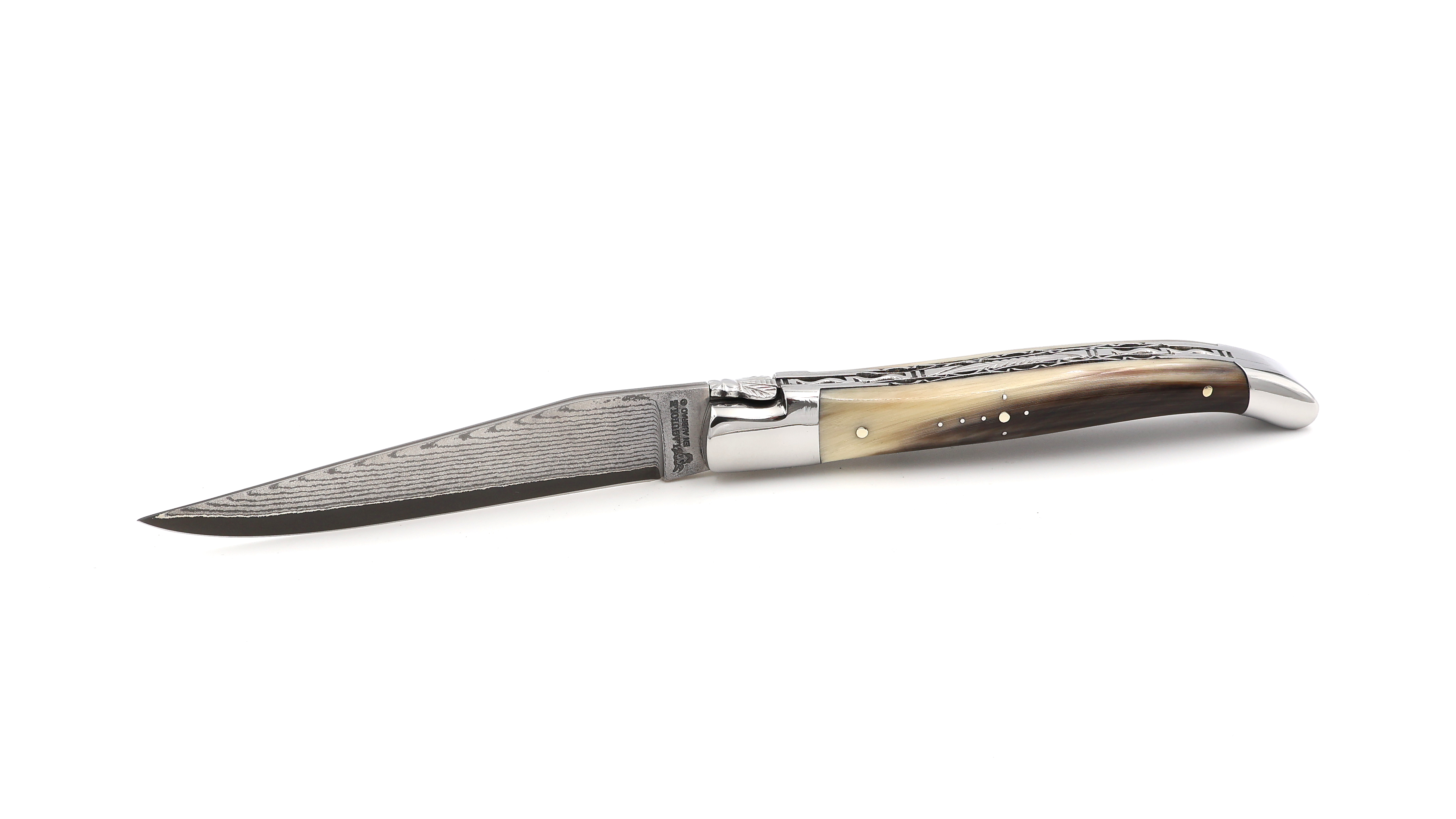 Laguiole en Aubrac jap. Damastklinge geflammte Hornspitze Doppelplatine 12 cm