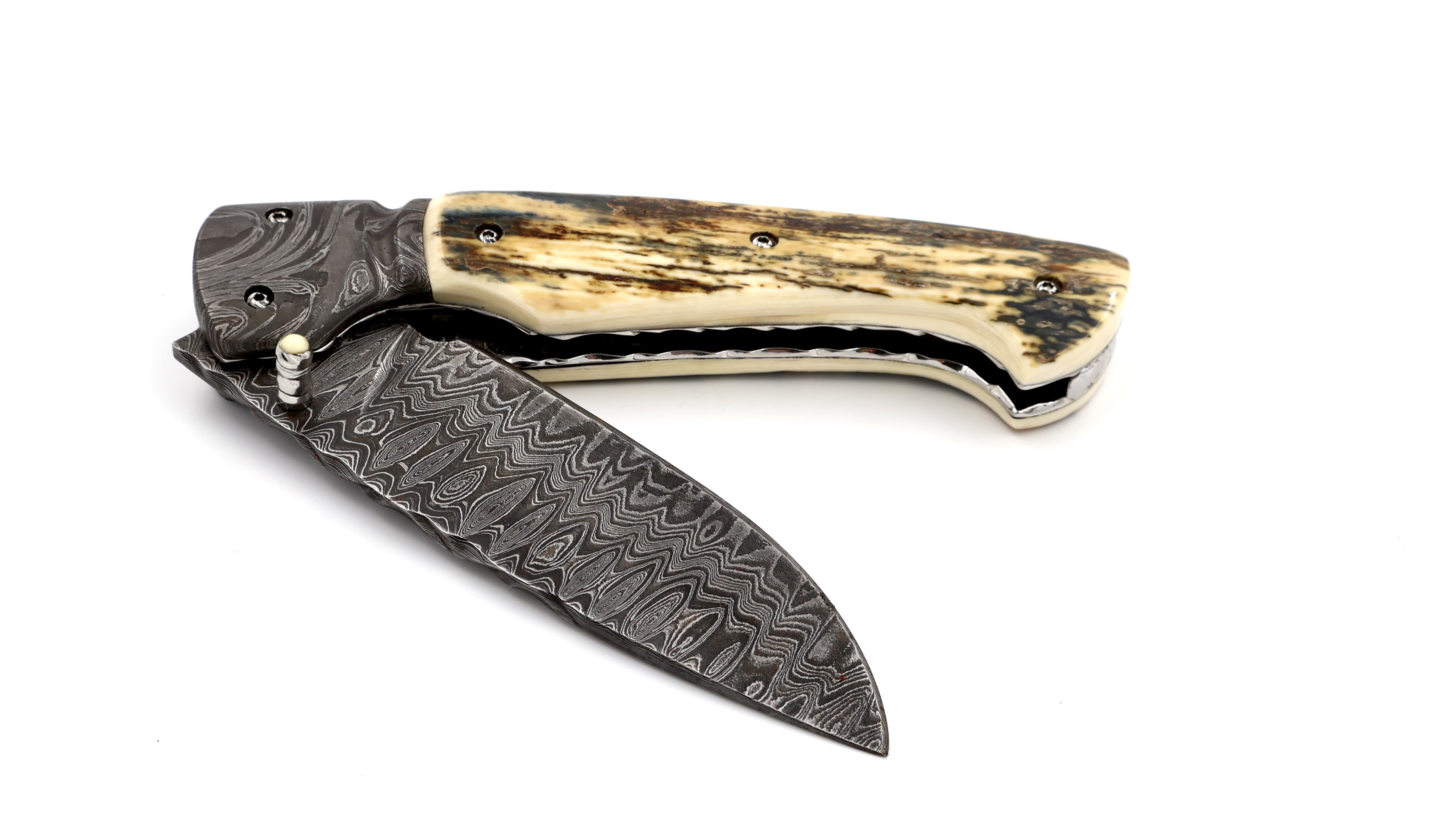 Olivier Moretti Linerlock Taschenmesser Mammutelfenbein Damastklinge 