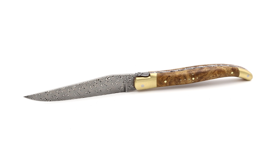 Laguiole en Aubrac knife BIJOU DSC® damascus amboina burlwood with chiseled plates 12 cm