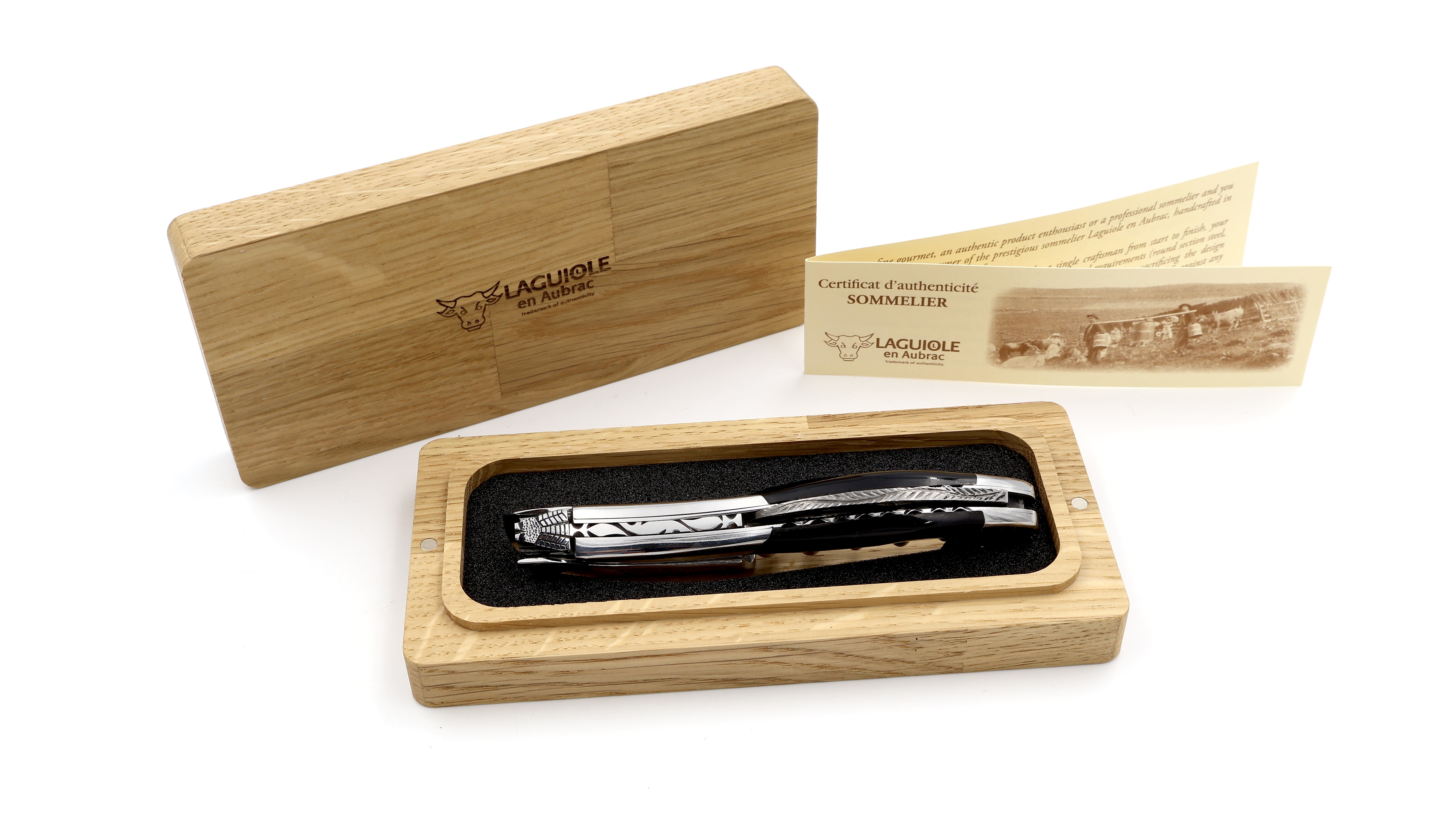 Laguiole en Aubrac Sommeliermesser - Damast-Kapselschneider Büffelhorn guillochiert besondere Biene
