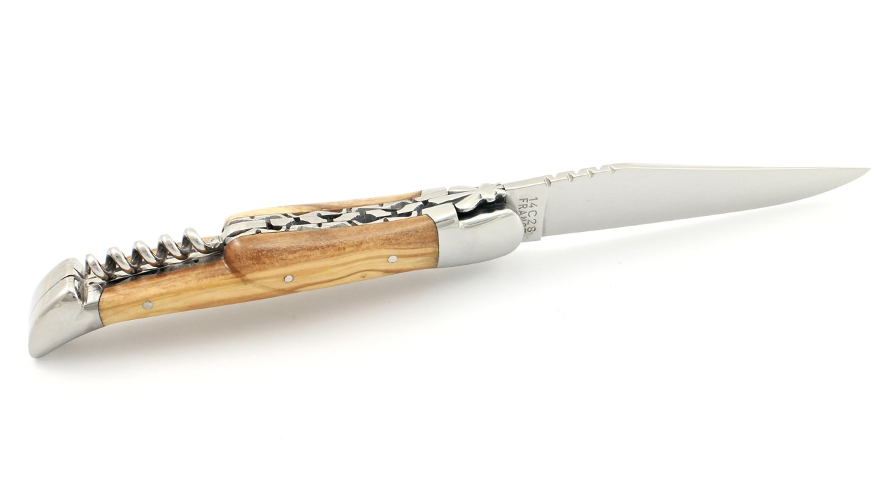 Honoré Durand Laguiole knife Prestige doubleplates with corkscrew Olive wood shiny 14C28 12 cm
