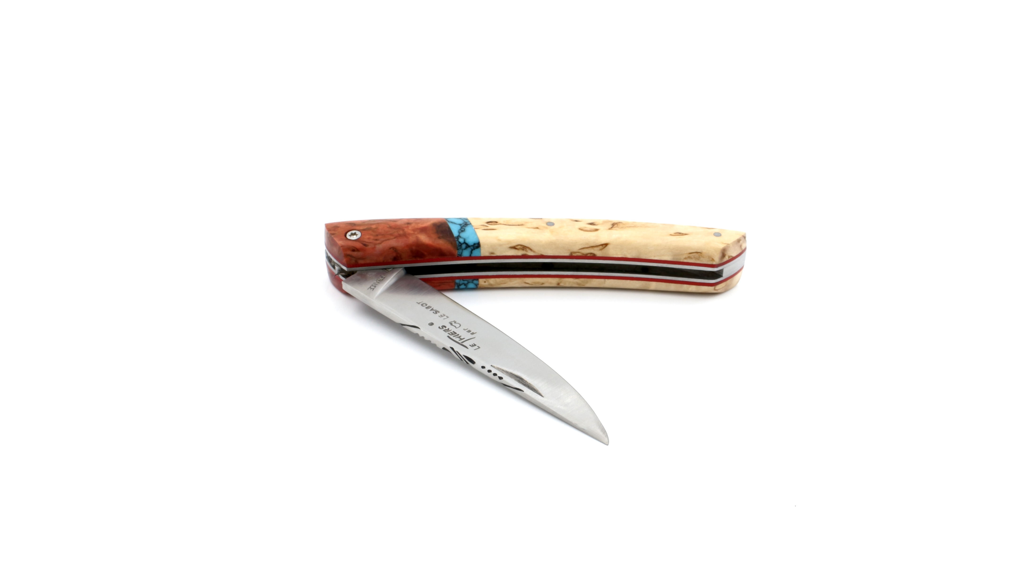 AU SABOT Le Thiers Messer 12 cm finnische Maserbirke Inlay Türkis 