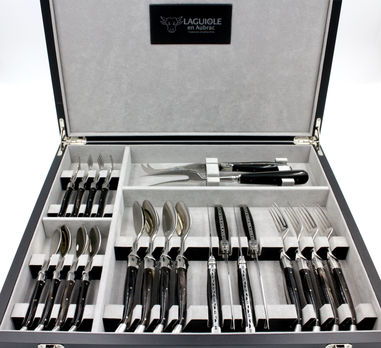 IMG_5100 Laguiole en Aubrac Laguiole Besteckkoffer Büffelhorn 21-tlg. für vier Personen