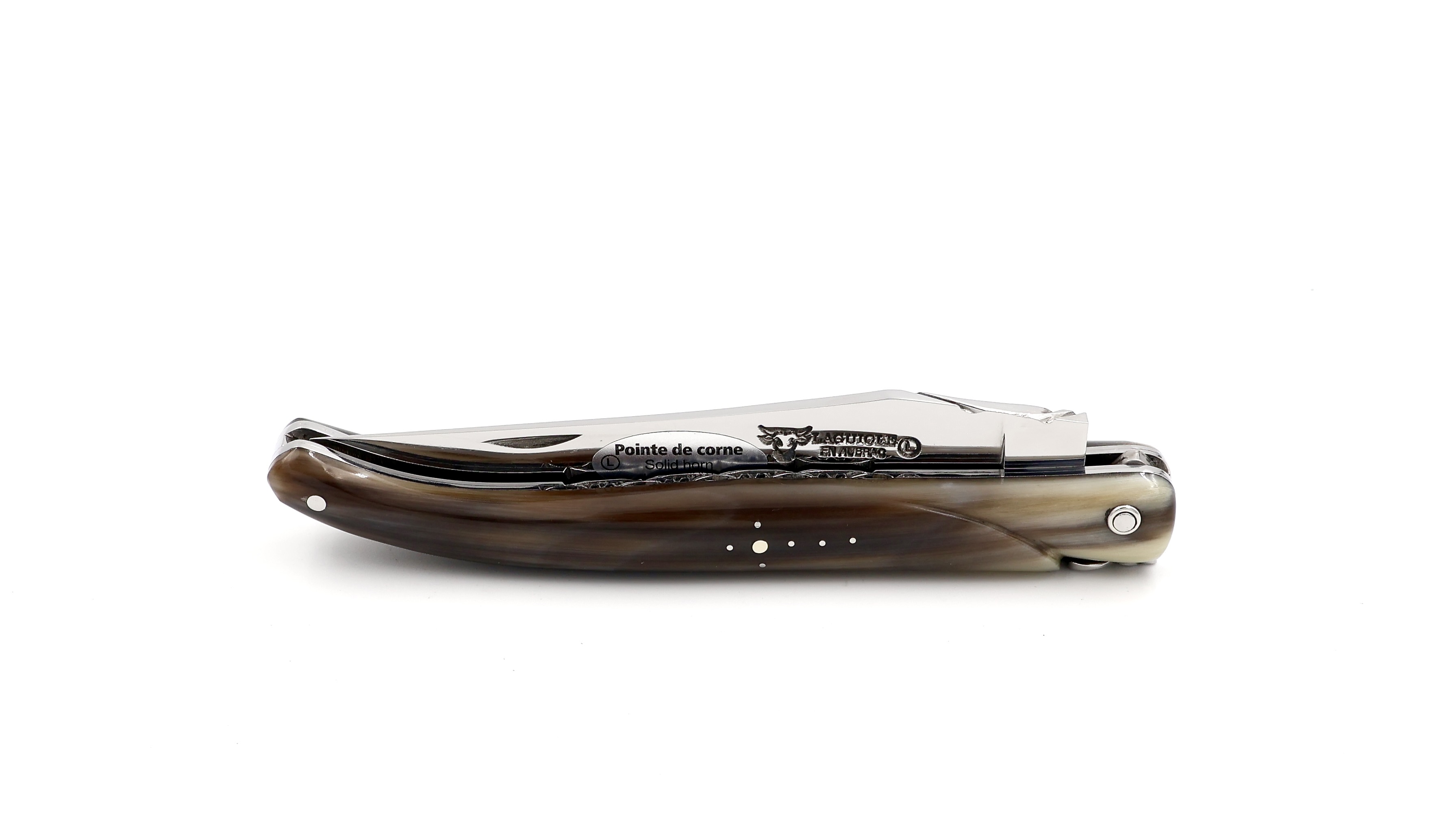 Laguiole en Aubrac Spiralfeder geflammte Hornspitze massiv Doppelplatine 12 cm