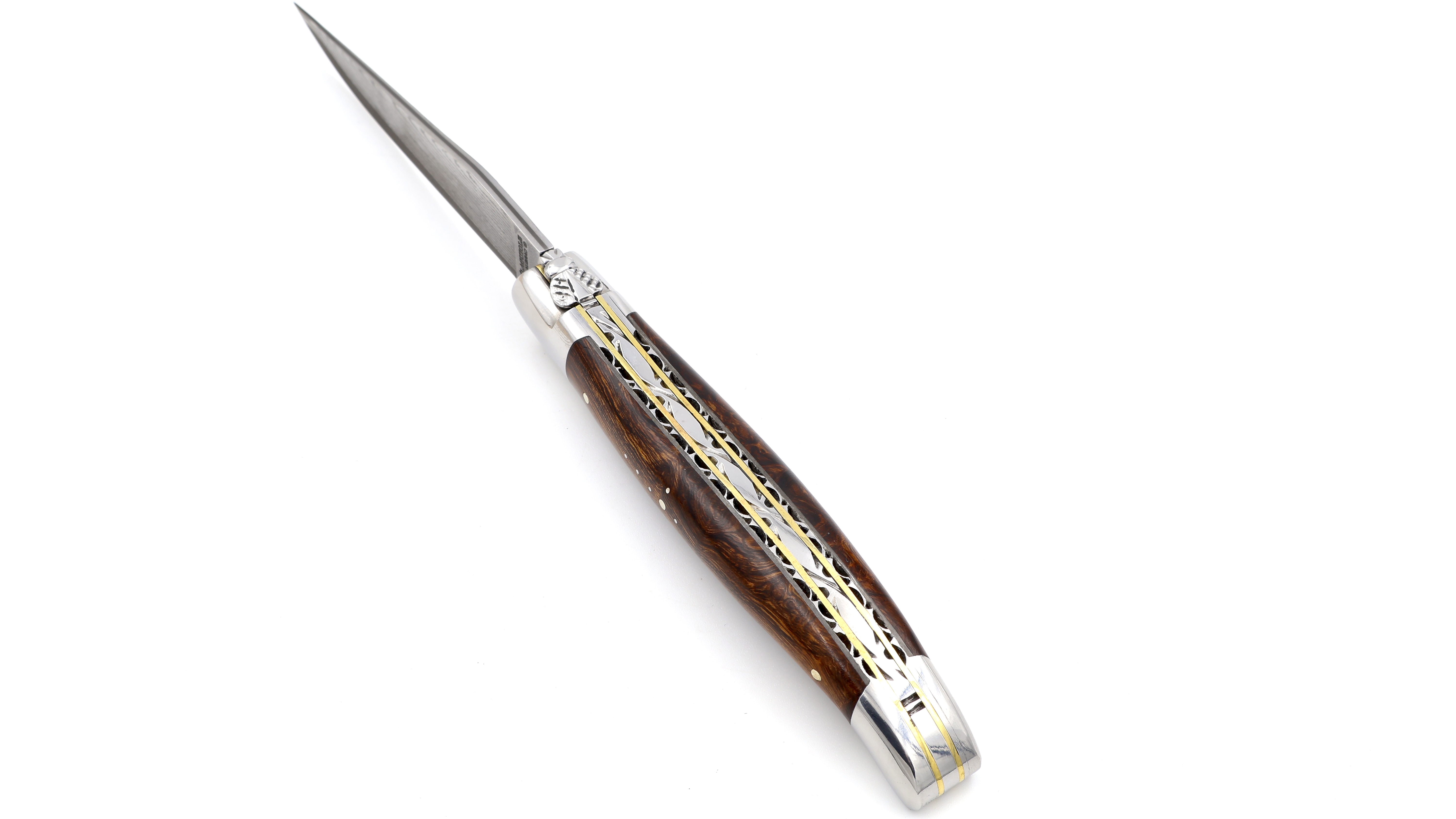 Laguiole en Aubrac double plate knife jap. damascus with brass plates Ironwood shiny 12 cm