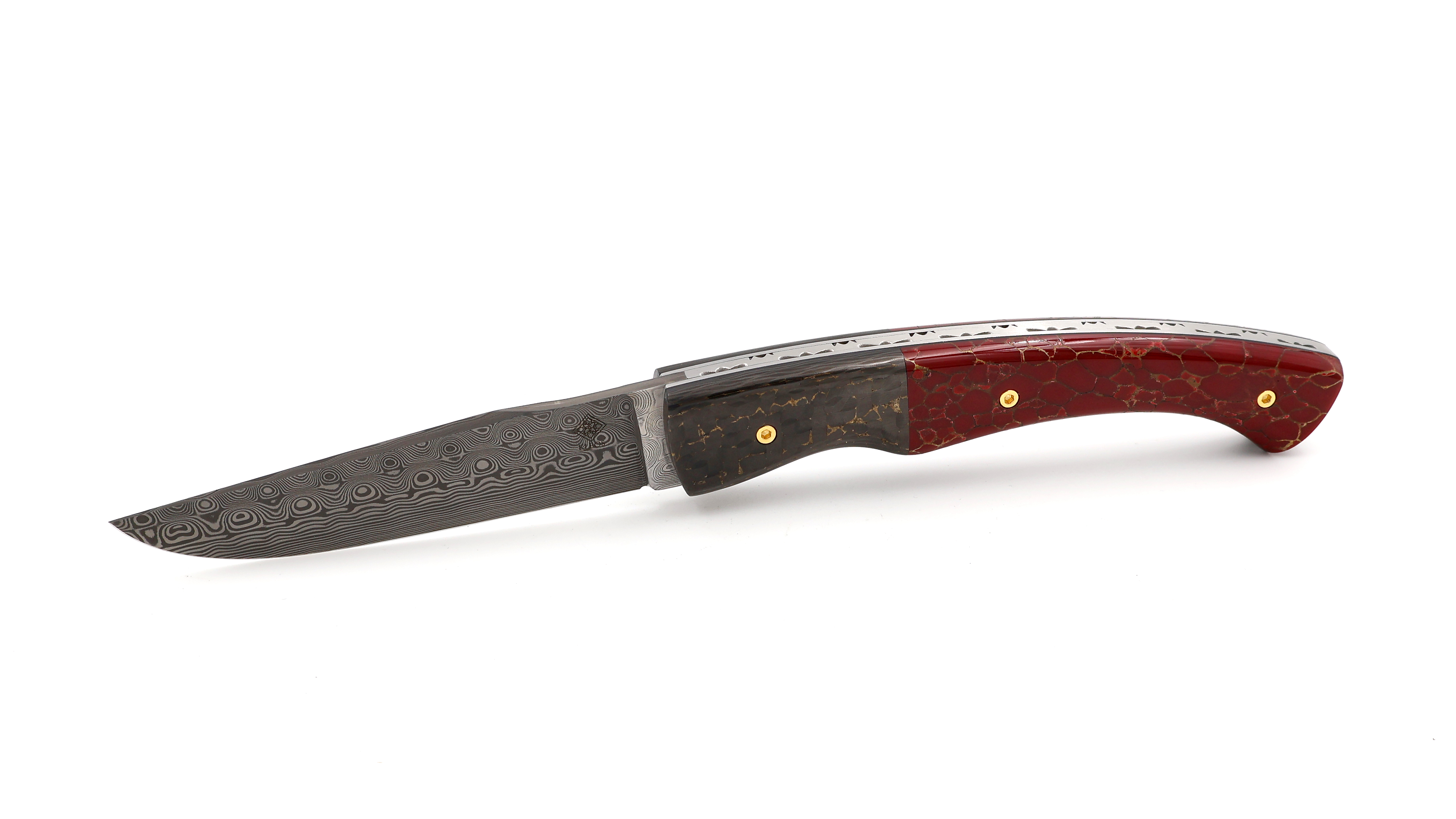 KLEOS folding knife LYKOS FAT Carbon and red stone rose damascus