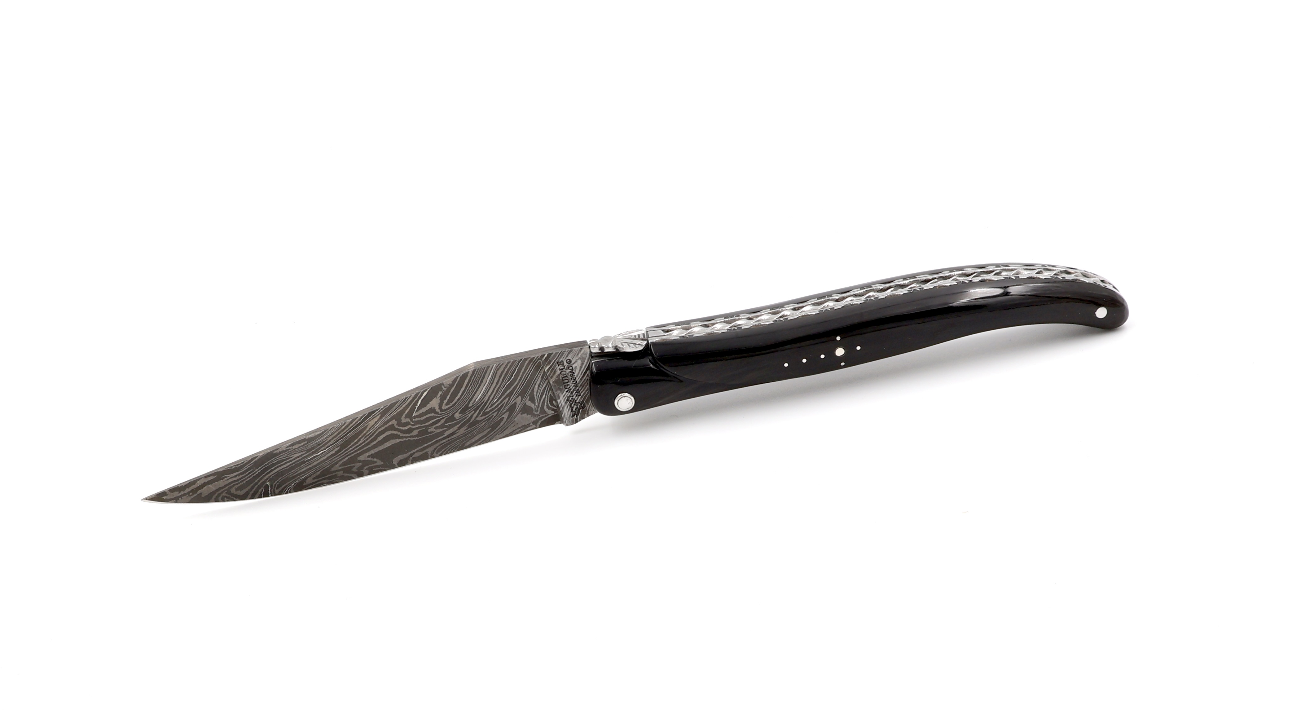 Laguiole en Aubrac Explosionsdamast Spiralfeder Büffelhorn massiv Doppelplatine 12 cm