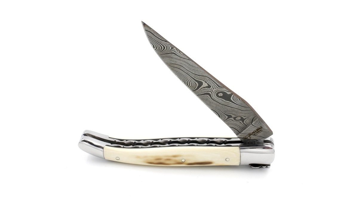 Laguiole en Aubrac twisted Damast Mammutelfenbein Kruste Doppelplatinen mit Spiralfeder 12 cm