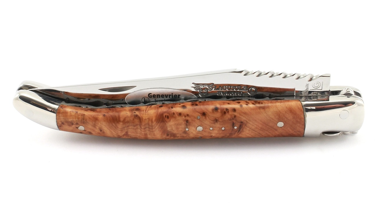 Wacholder-Spiralfeder-poliert Laguiole en Aubrac double plate knife Spiral spring Juniper shiny 12 cm