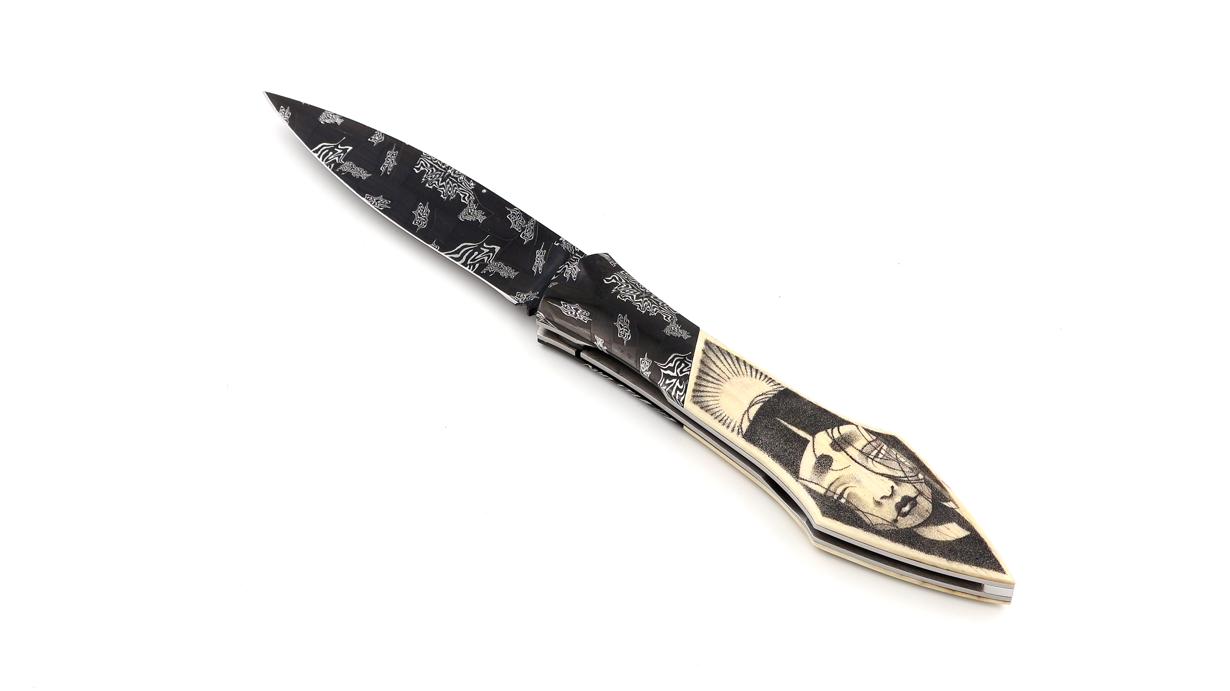 Laraud Blades L’Oegopsyde mammoth ivory scrimshaw mosaik-damscus