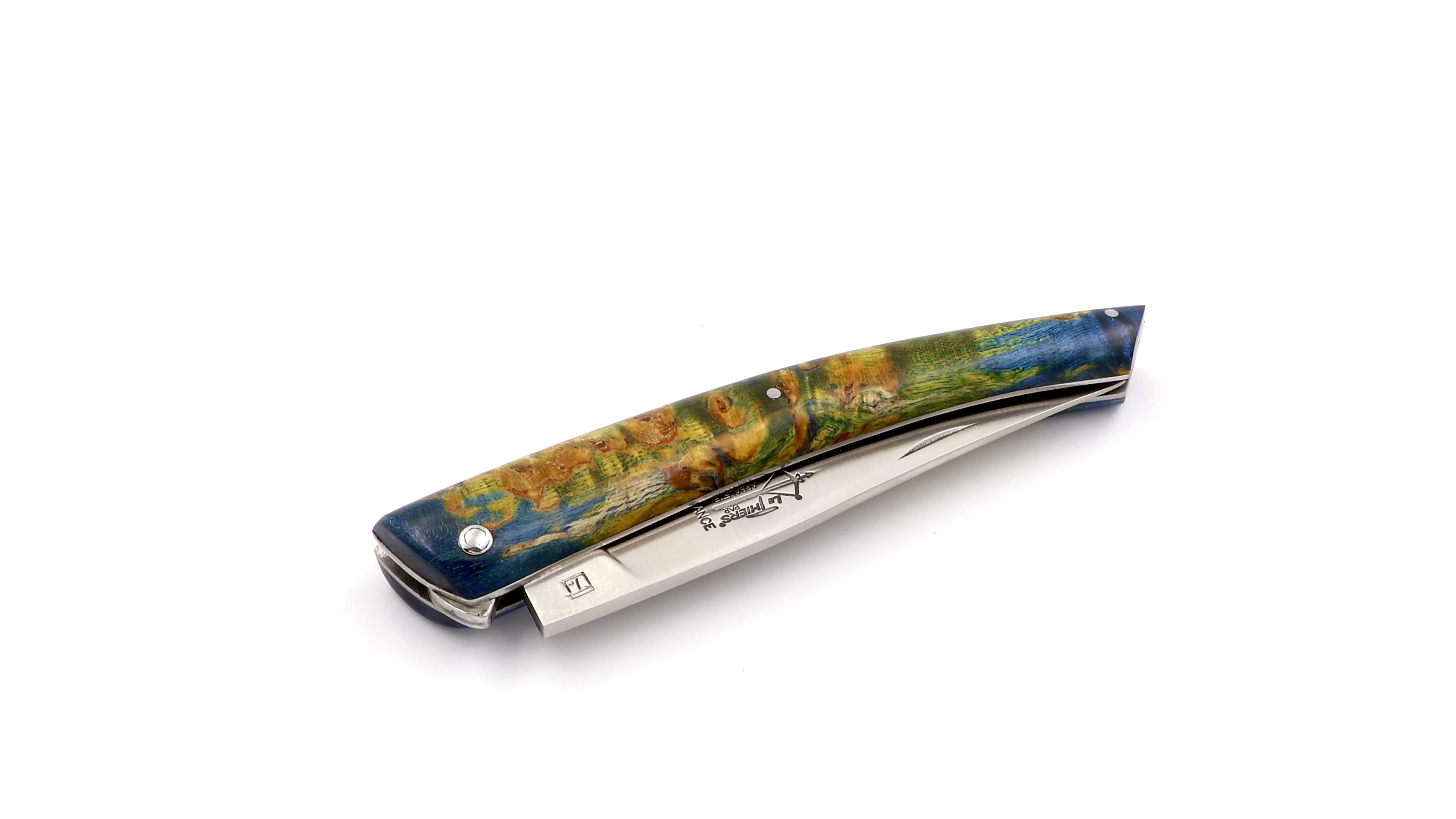 ARBALETE G. David  Thiers knife blue stabilized birch burlwood