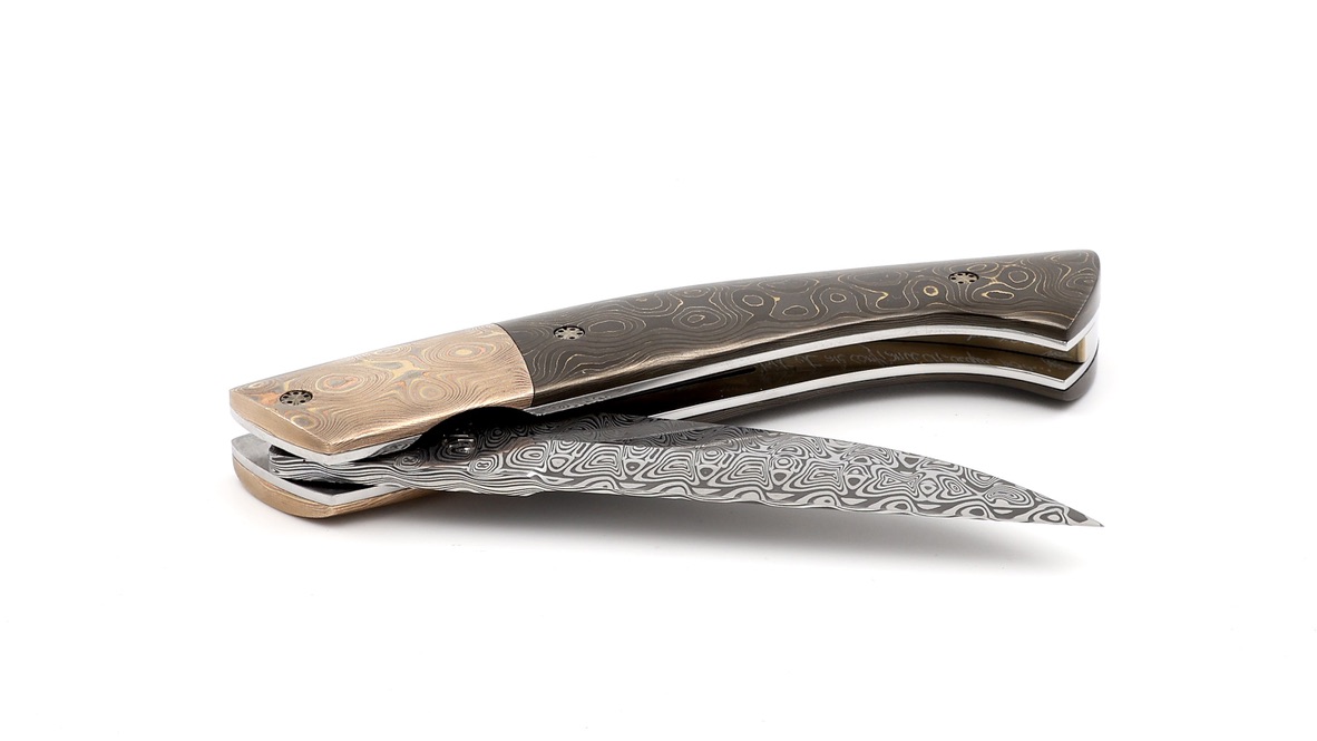 MANU LAPLACE 1515 Drop carbon water brass & mokume gane damascus Damascus blade