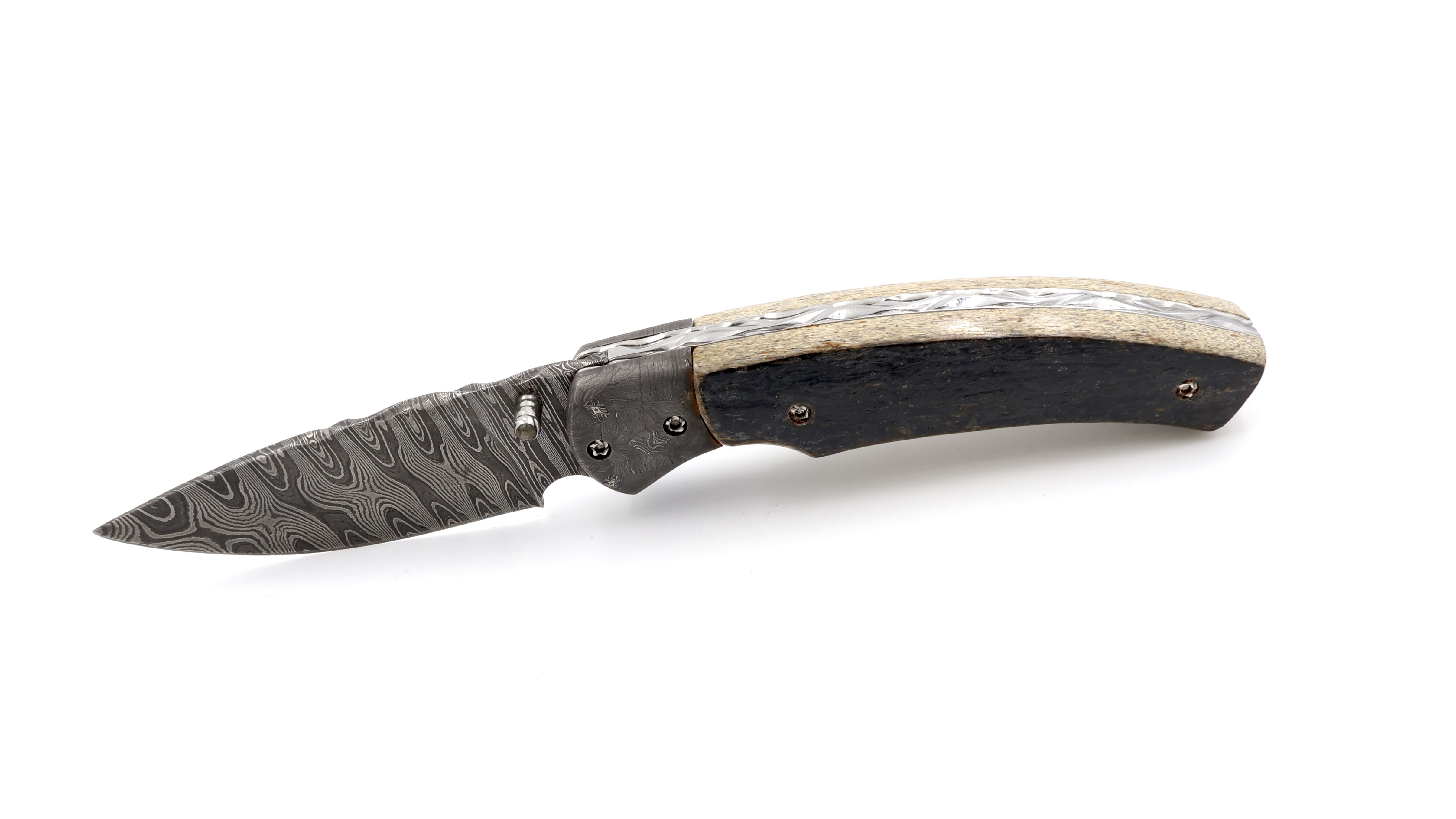 Olivier Moretti Linerlock Taschenmesser Mammutknochen Damastklinge