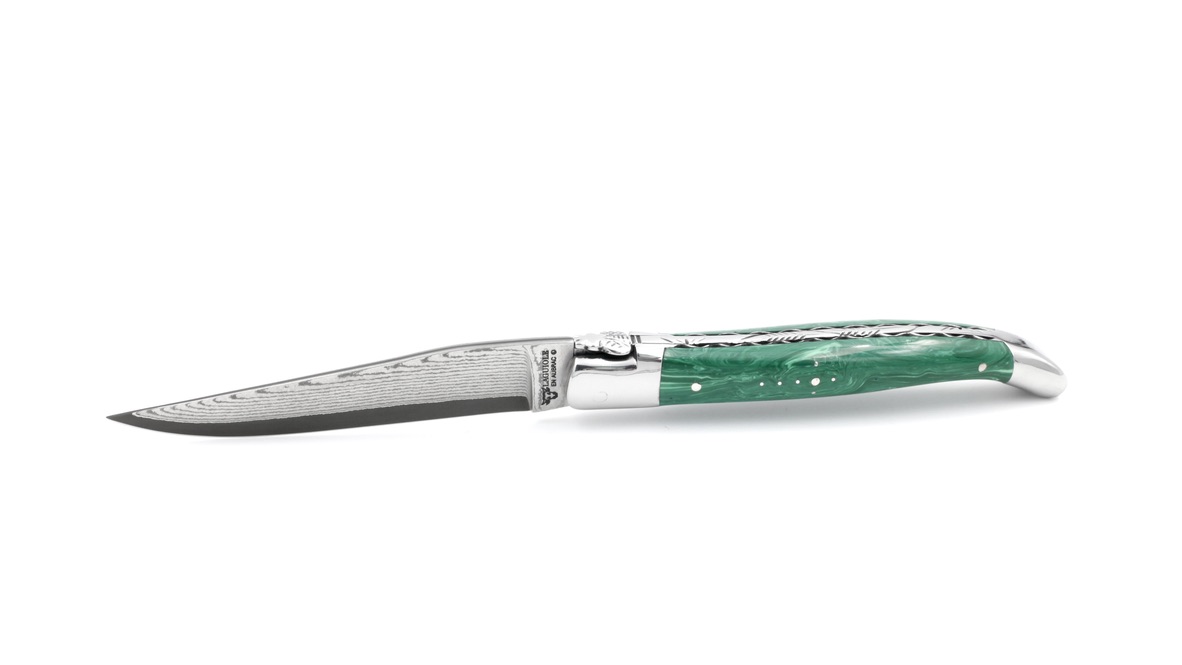 Laguiole en Aubrac jap. Damastklinge Malachit guillochierte Platine 12 cm 