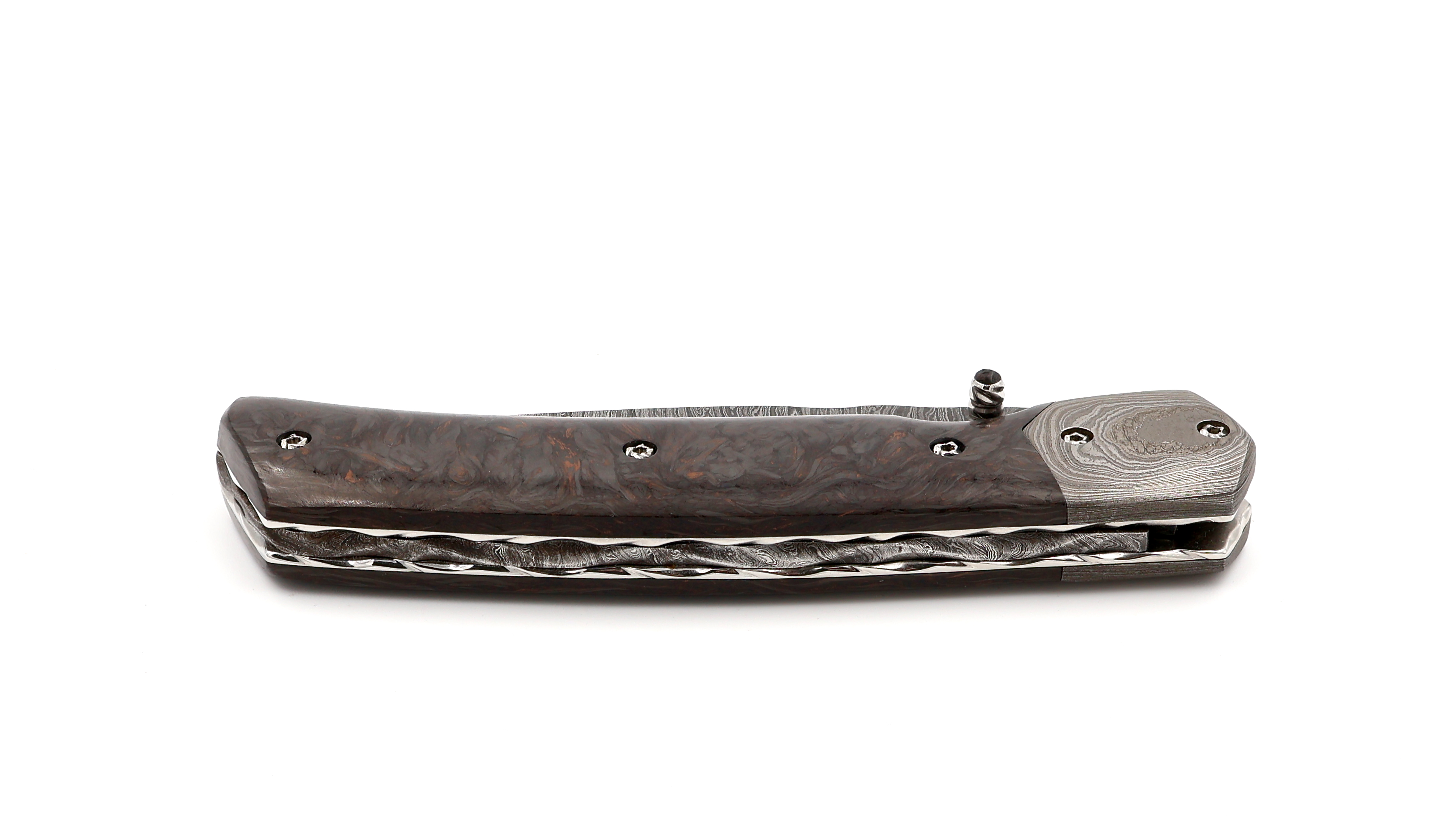Olivier Moretti Linerlock Taschenmesser FAT Kupfer-Carbon Damastklinge