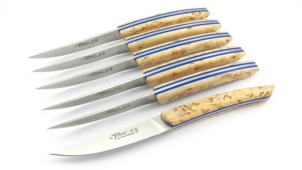 6-er-blau-2 Claude DOZORME Thiers Steakmesser norwegische Maserbirke 4-teilig. oder 6-teilig