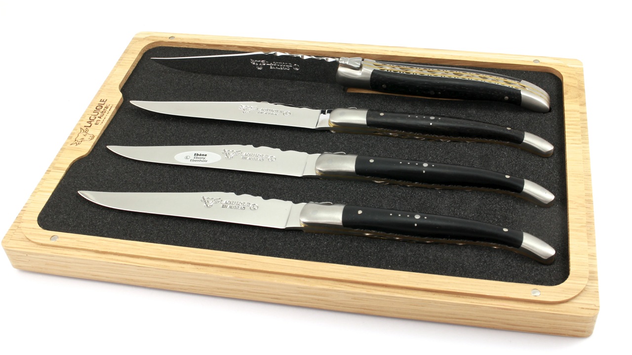 Laguiole en Aubrac  Laguiole Doppelplatinen Steakmesser Ebenholz Set 2-tlg. oder 4-tlg. matt